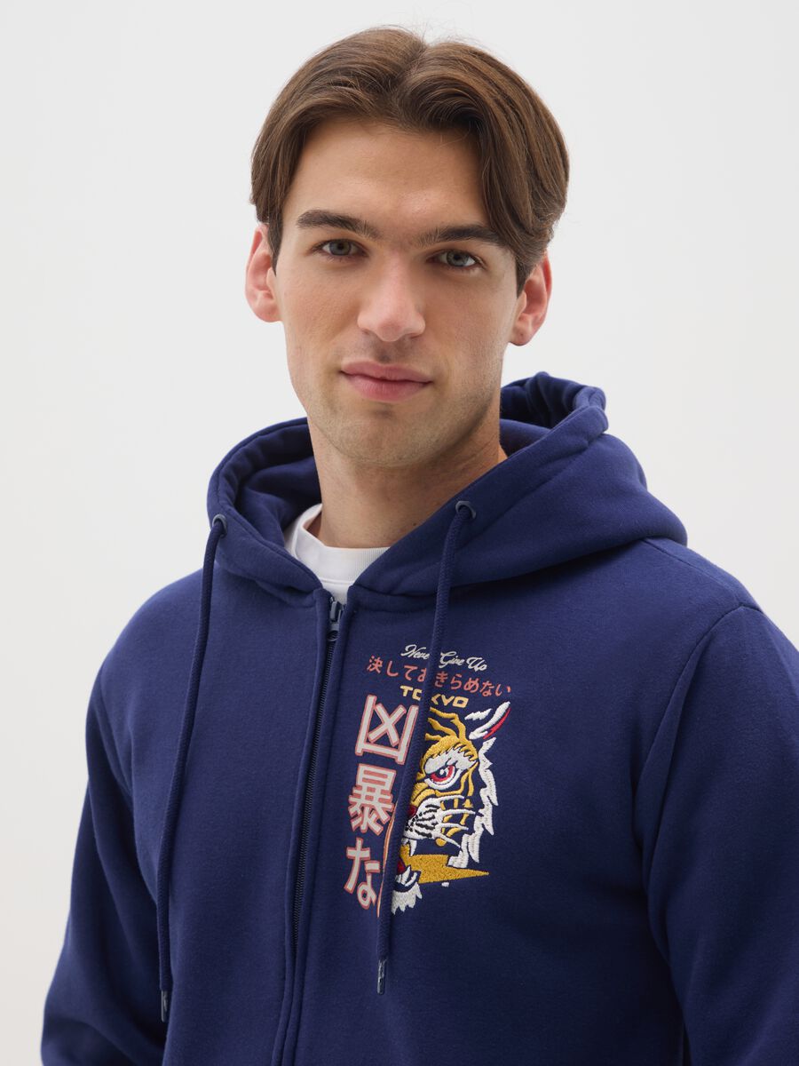 Blue cotton-blend hoodie with zip_3