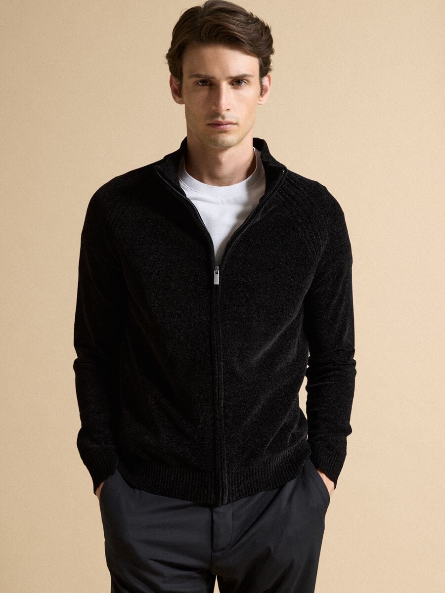 Cardigan nero full zip con colletto regular fit_0
