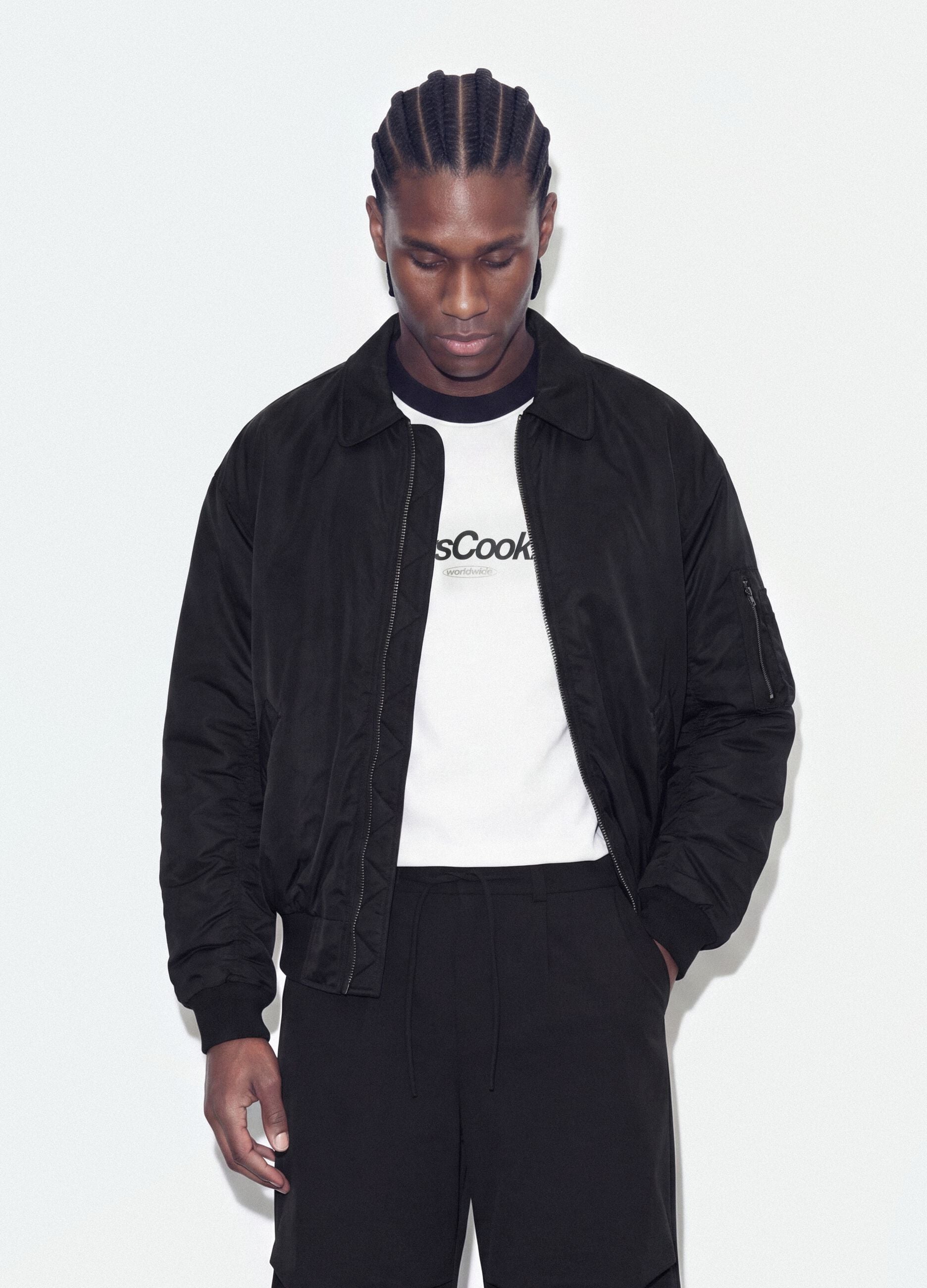 Black cropped padded jacket with zip and shirt collar