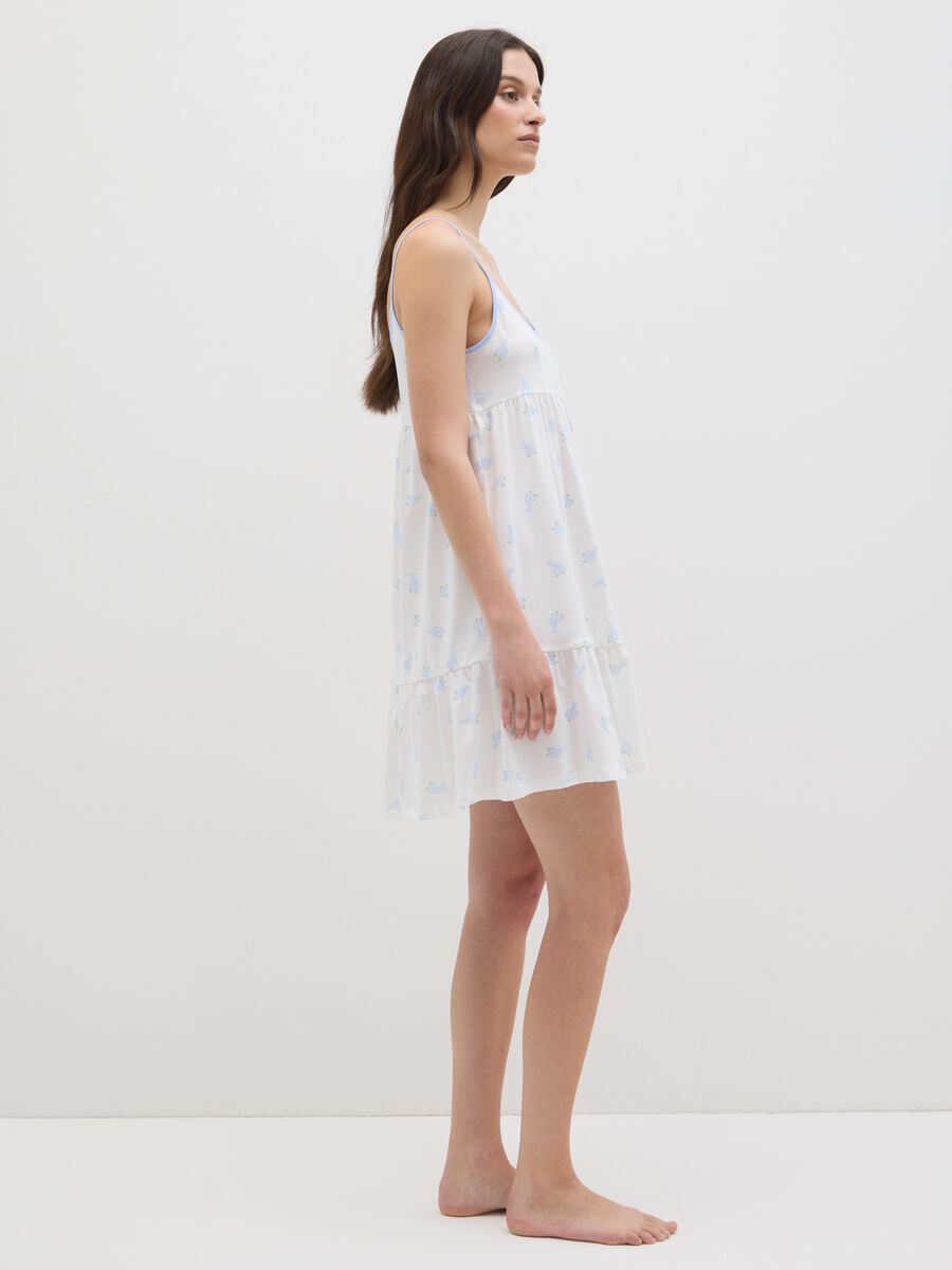 Women's White Pure Cotton Summer Dress with Blue Cactus Motif and Ruffle Hem_1