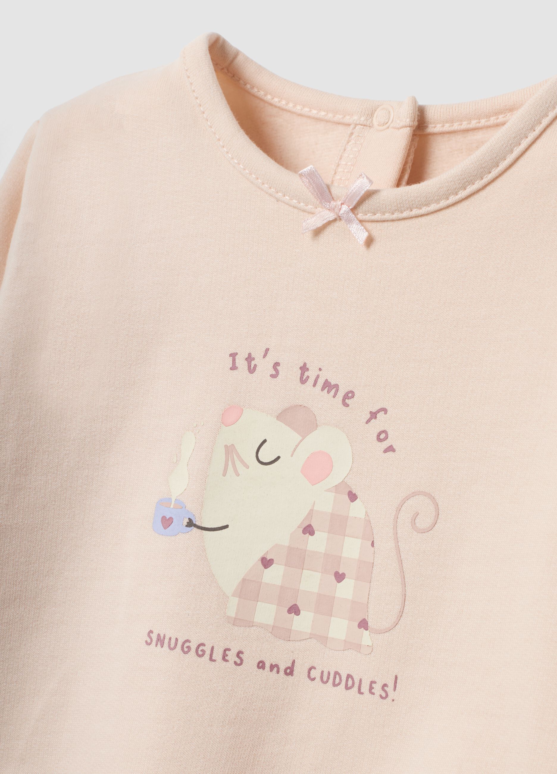 Pink organic cotton crew-neck pyjamas with print for baby girl