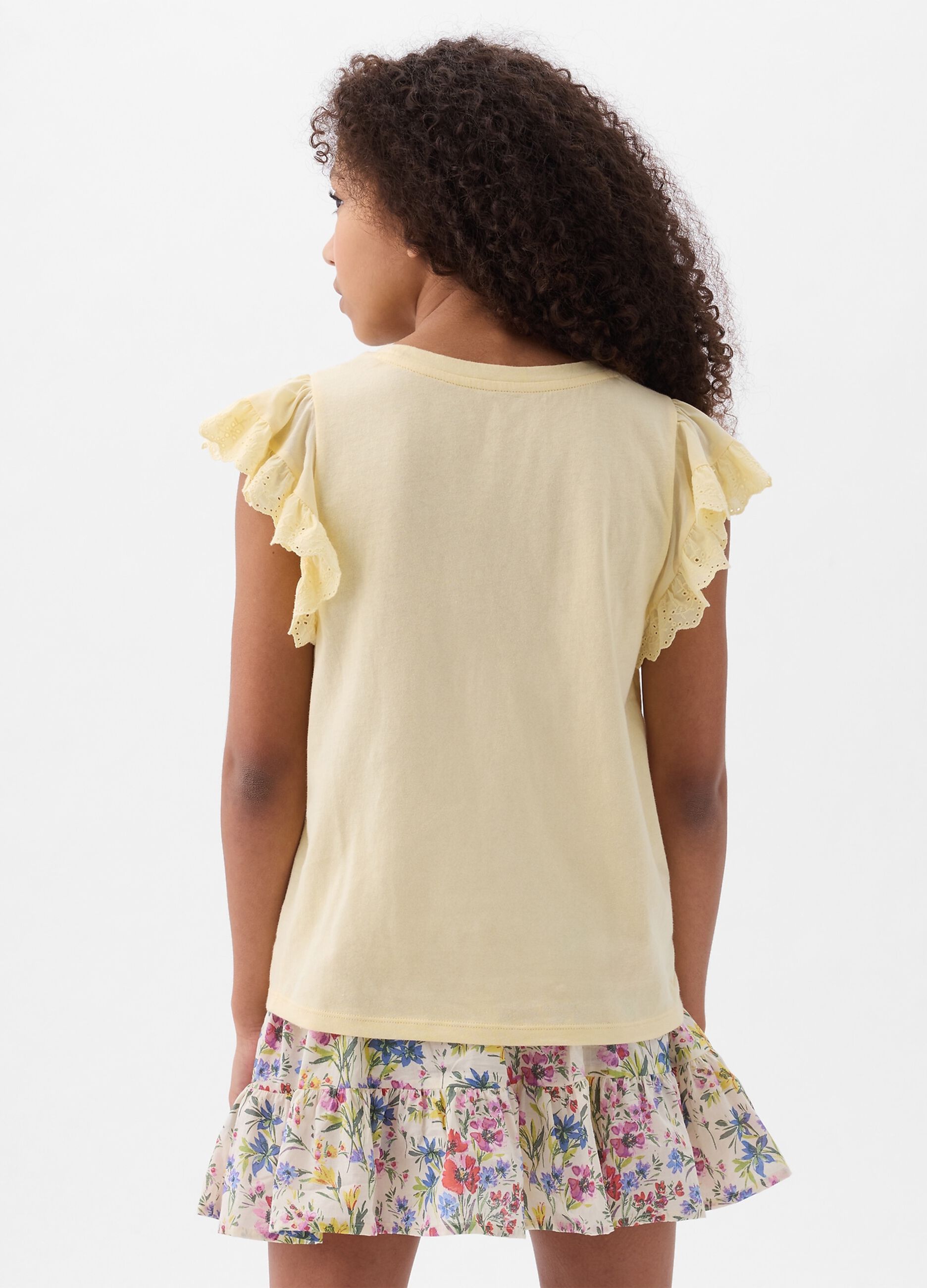 Cotton T-shirt with broderie anglaise flounces