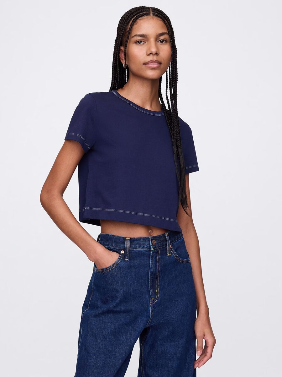 Blue cropped T-shirt in cotton_0