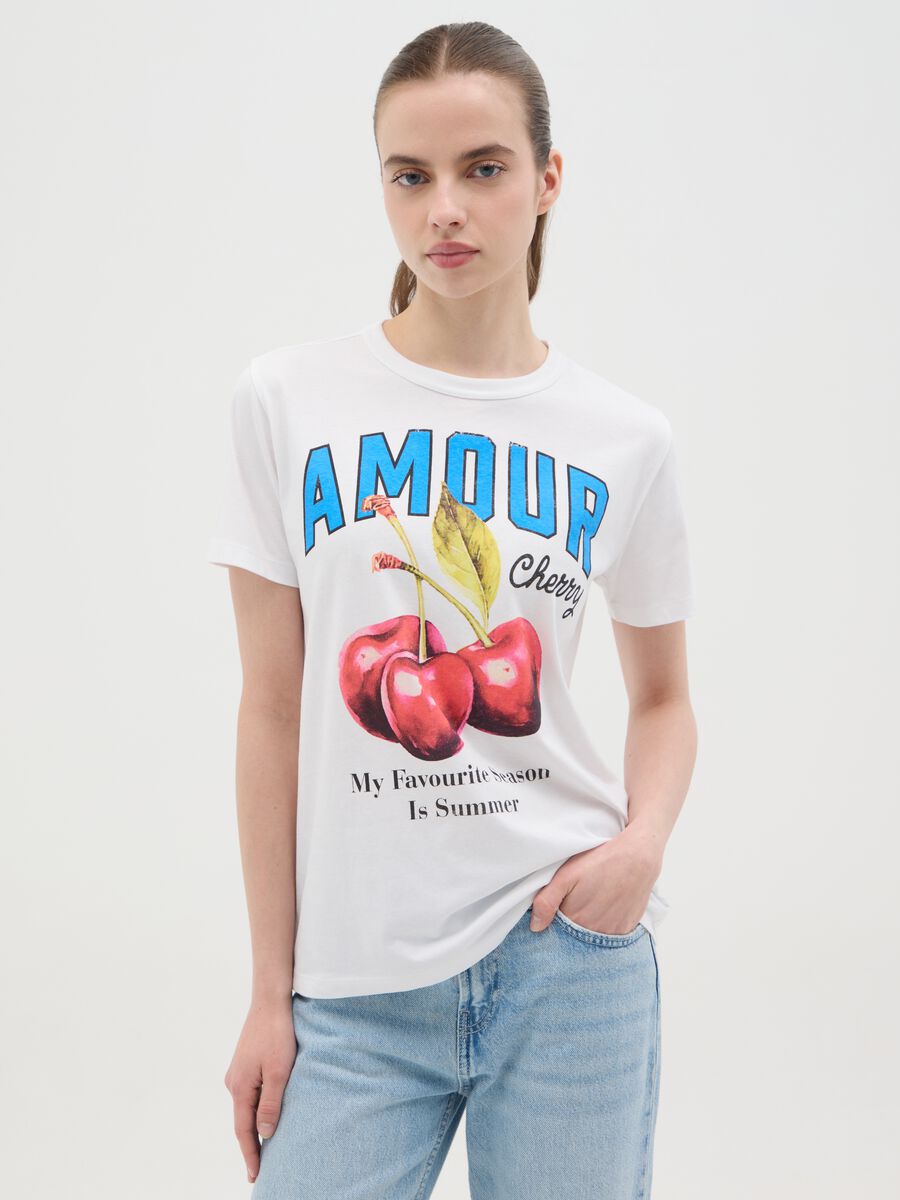 White T-shirt in cotton with "Amour Cherry" print_0