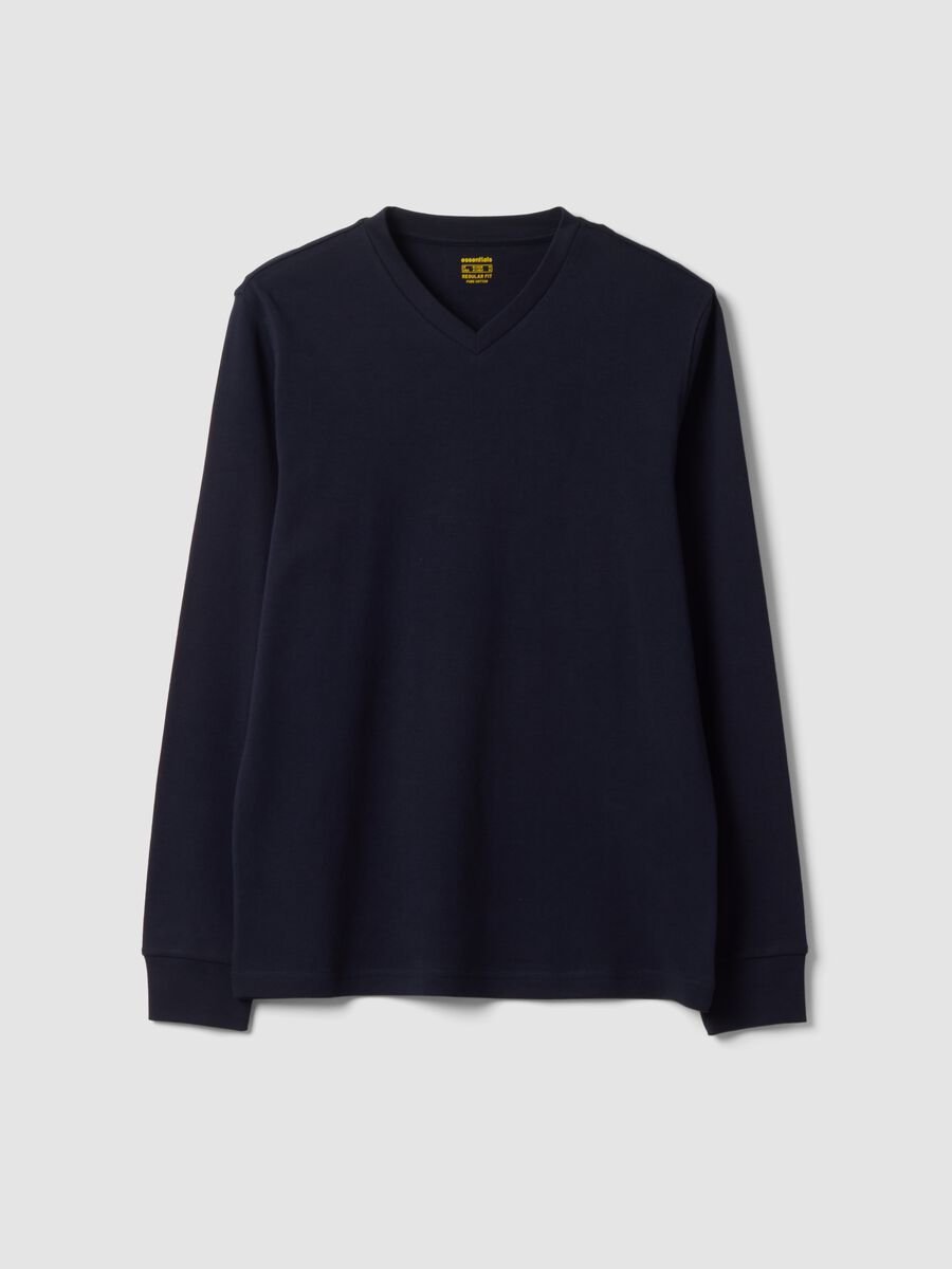 T-shirt blu in puro cotone con scollo a V regular fit_0