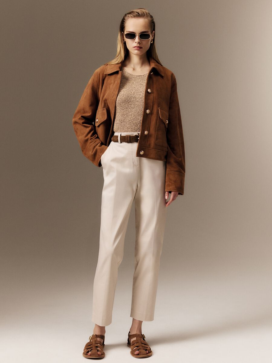 Beige stretch cotton satin trousers regular fit_0