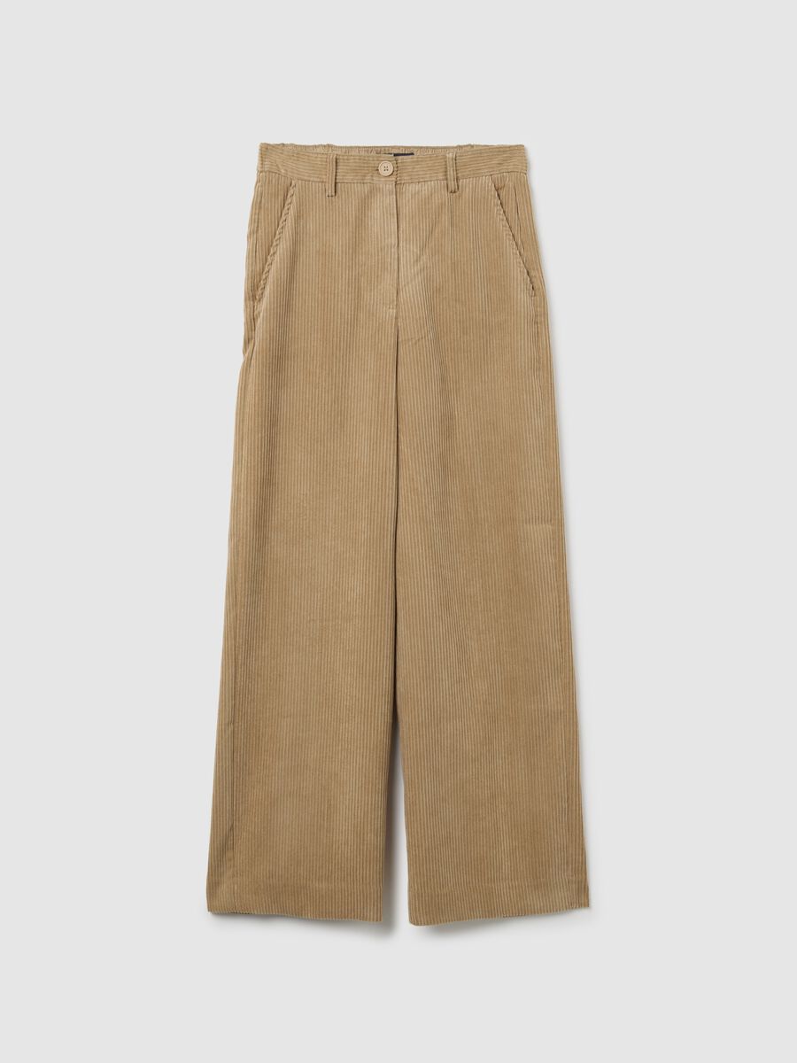 Beige regular fit ribbed trousers in stretchy fabric_0