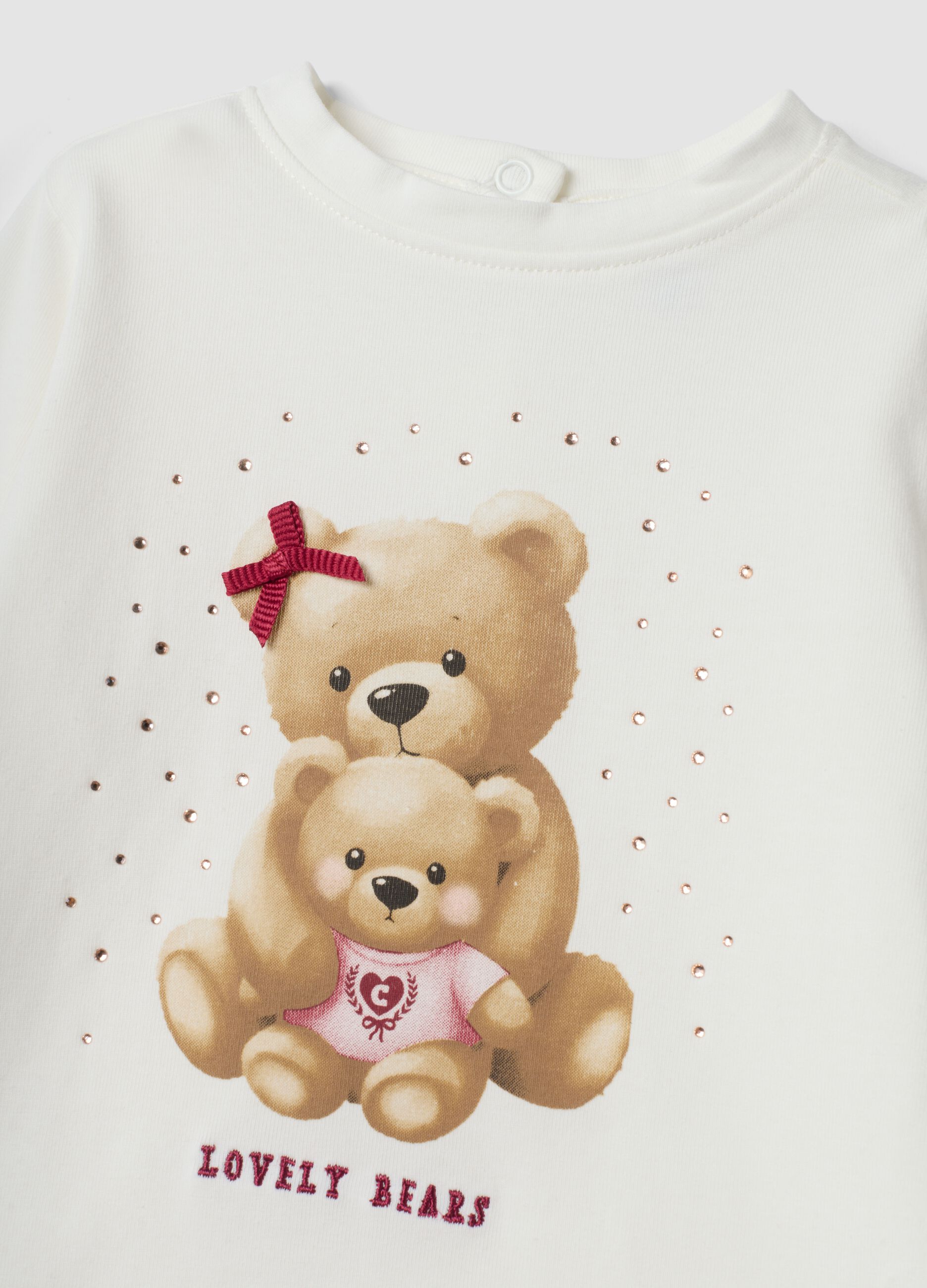 White organic stretch cotton T-shirt with teddy bear print