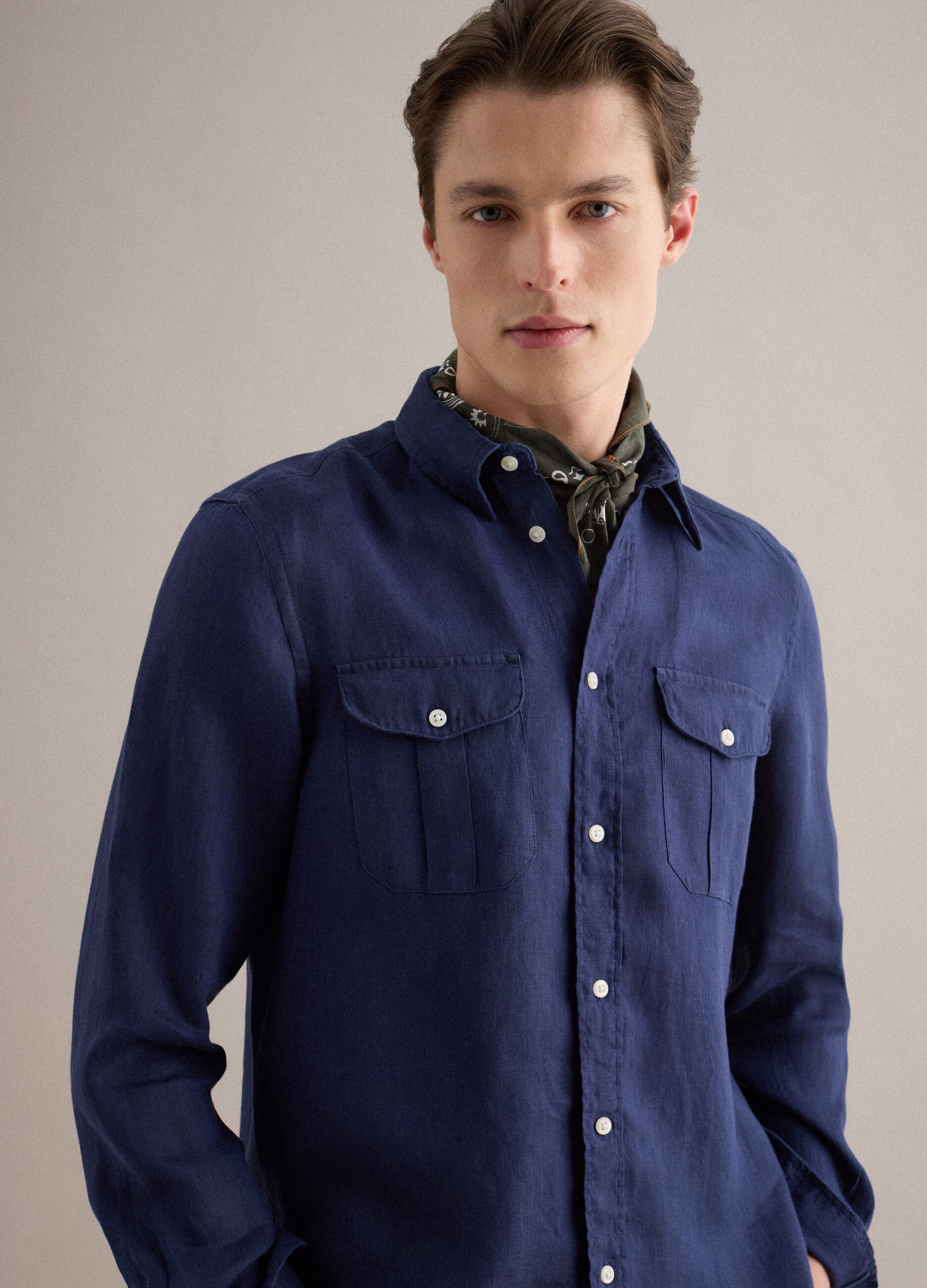 Regular Fit Long-Sleeve Pure Linen Blue Shirt