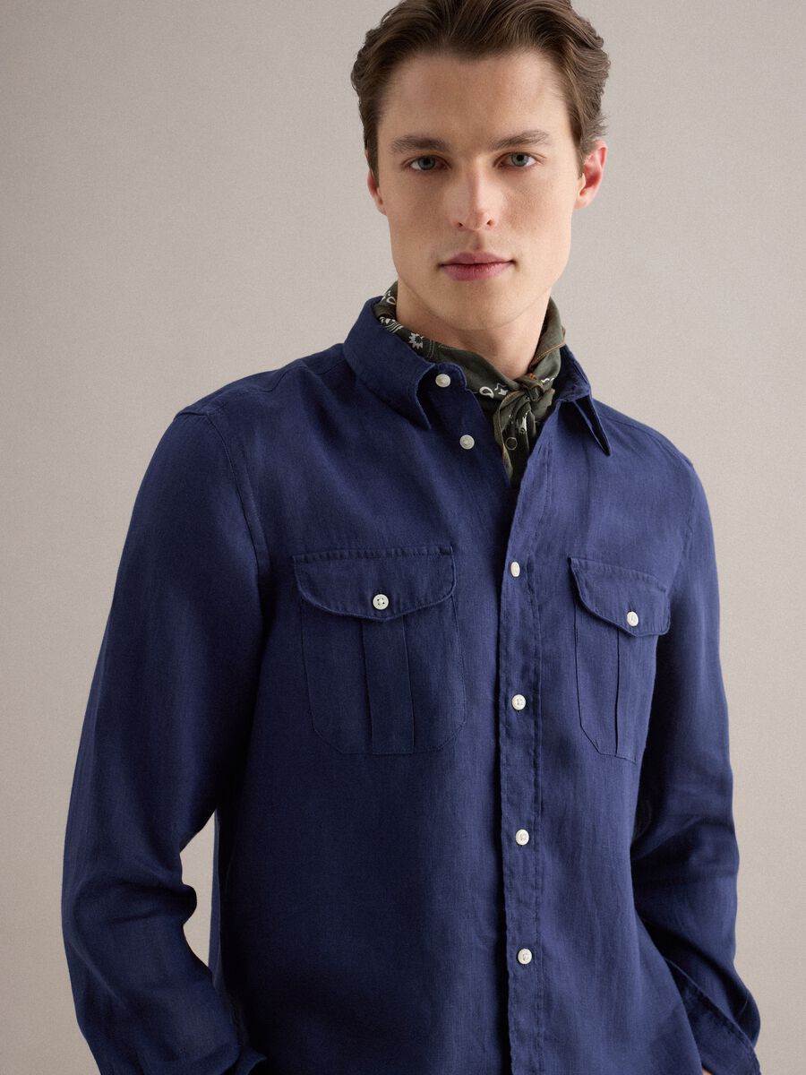 Regular Fit Long-Sleeve Pure Linen Blue Shirt_0