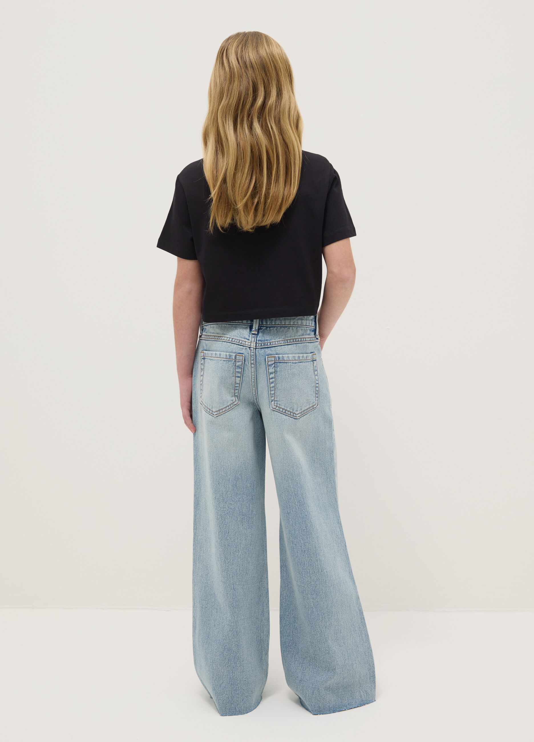 Girls' sky blue pure cotton wide leg jeans