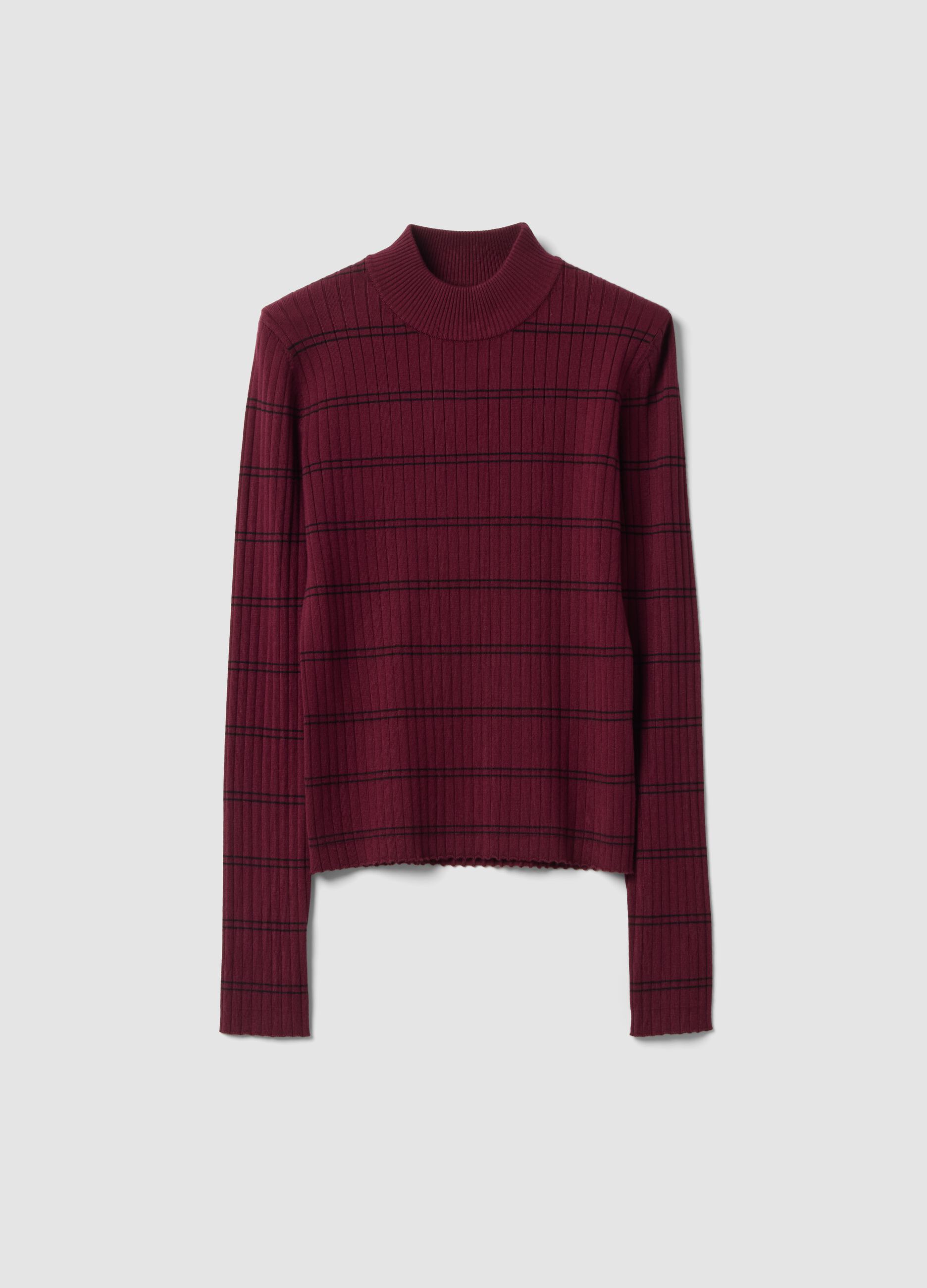 Dark red viscose-blend fitted jumper with funnel neck