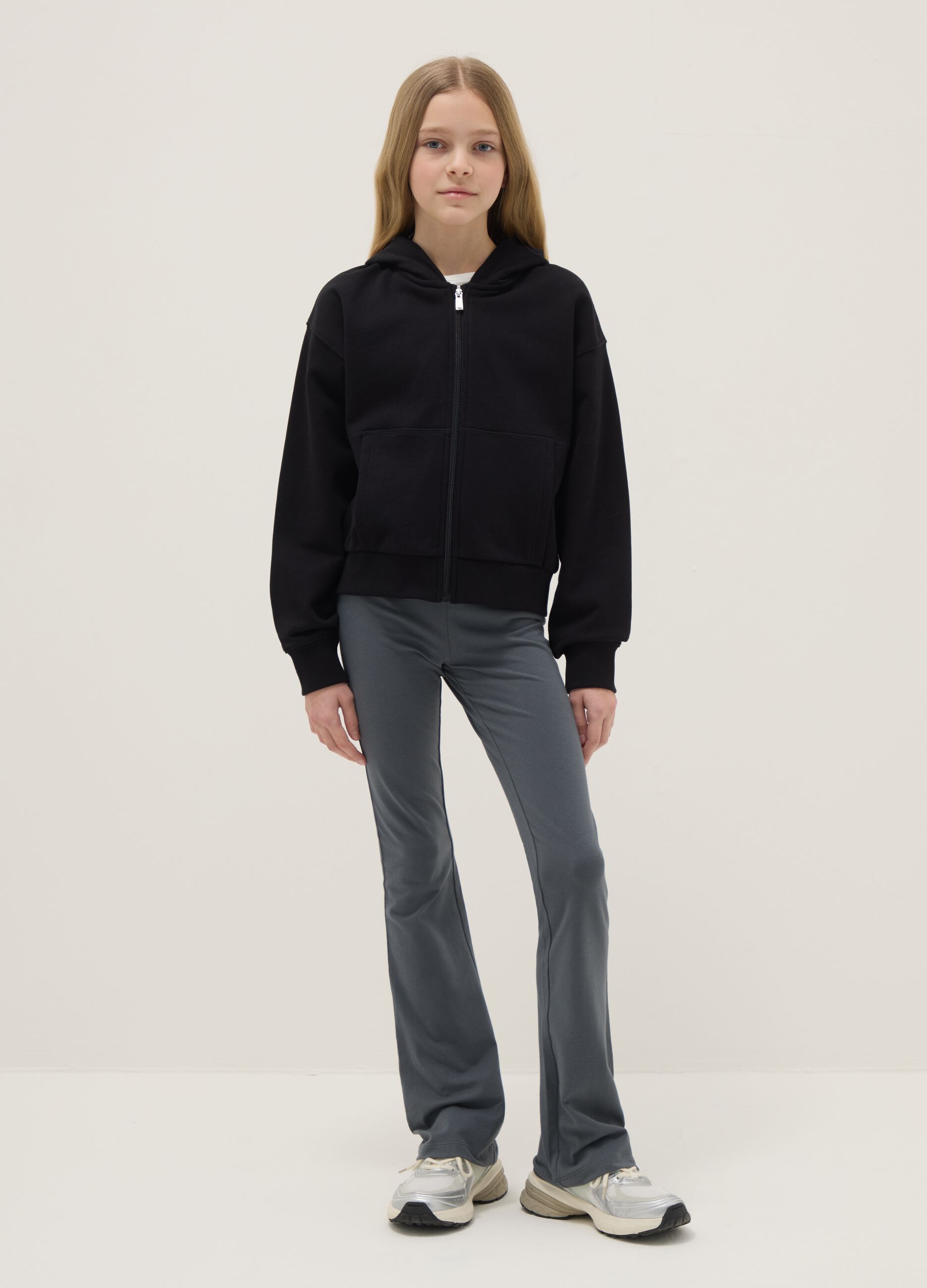 Girls' grey stretch cotton flare leggings