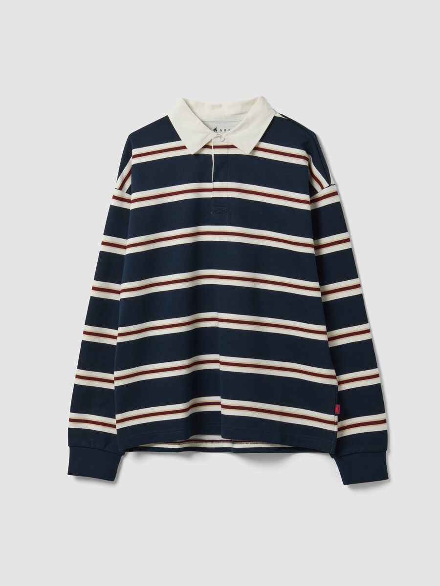Polo rugby blu a righe in puro cotone con colletto classico_0