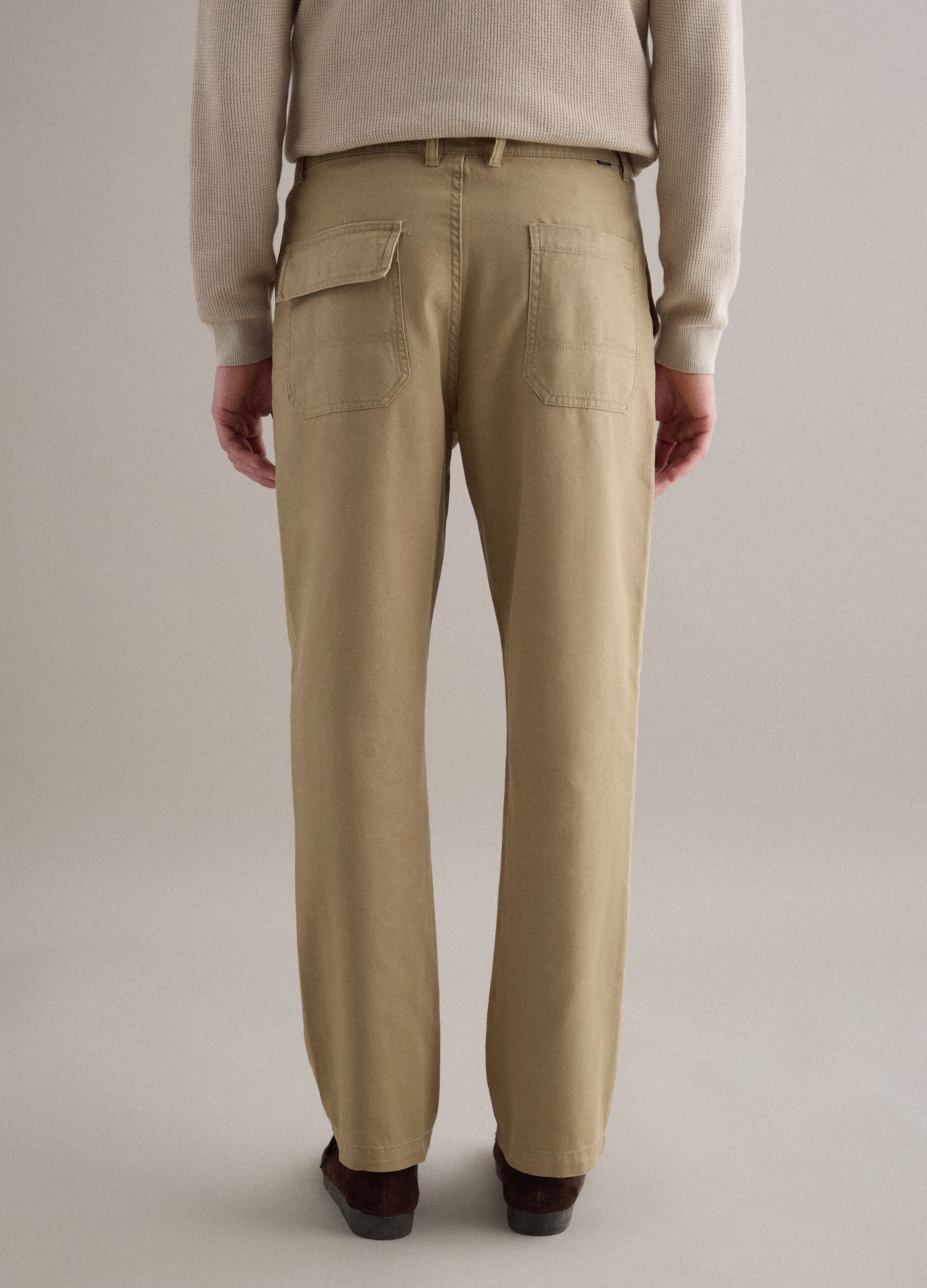 Beige Regular Fit Cotton and Linen Trousers