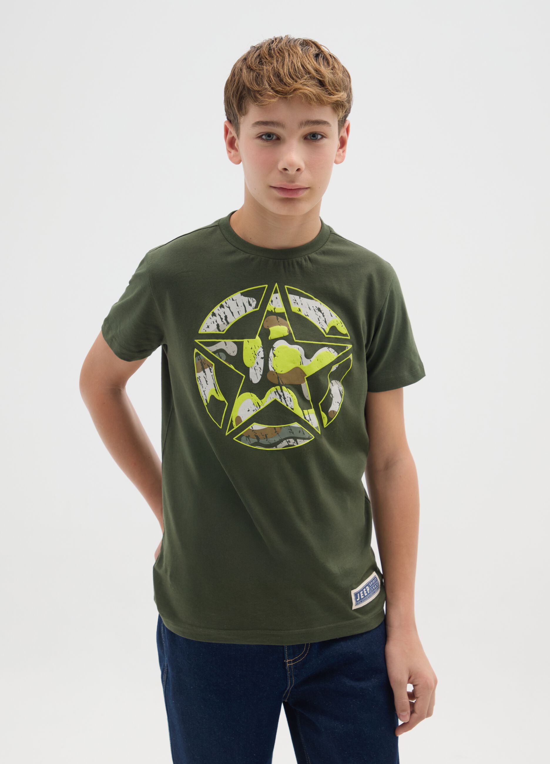 Children's green pure cotton regular fit T-shirt