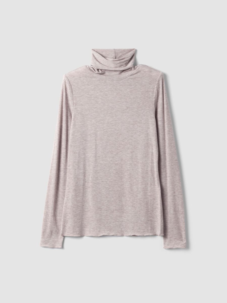 T-shirt beige in modal e lana elasticizzata con colletto rialzato regular fit_4