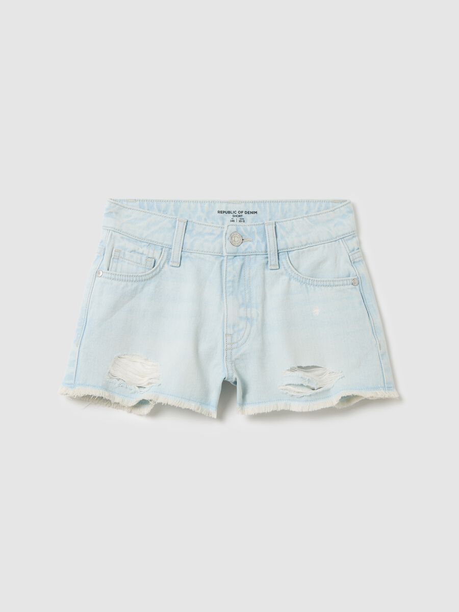 Shorts da ragazza in puro cotone azzurro regular fit con tasche_0