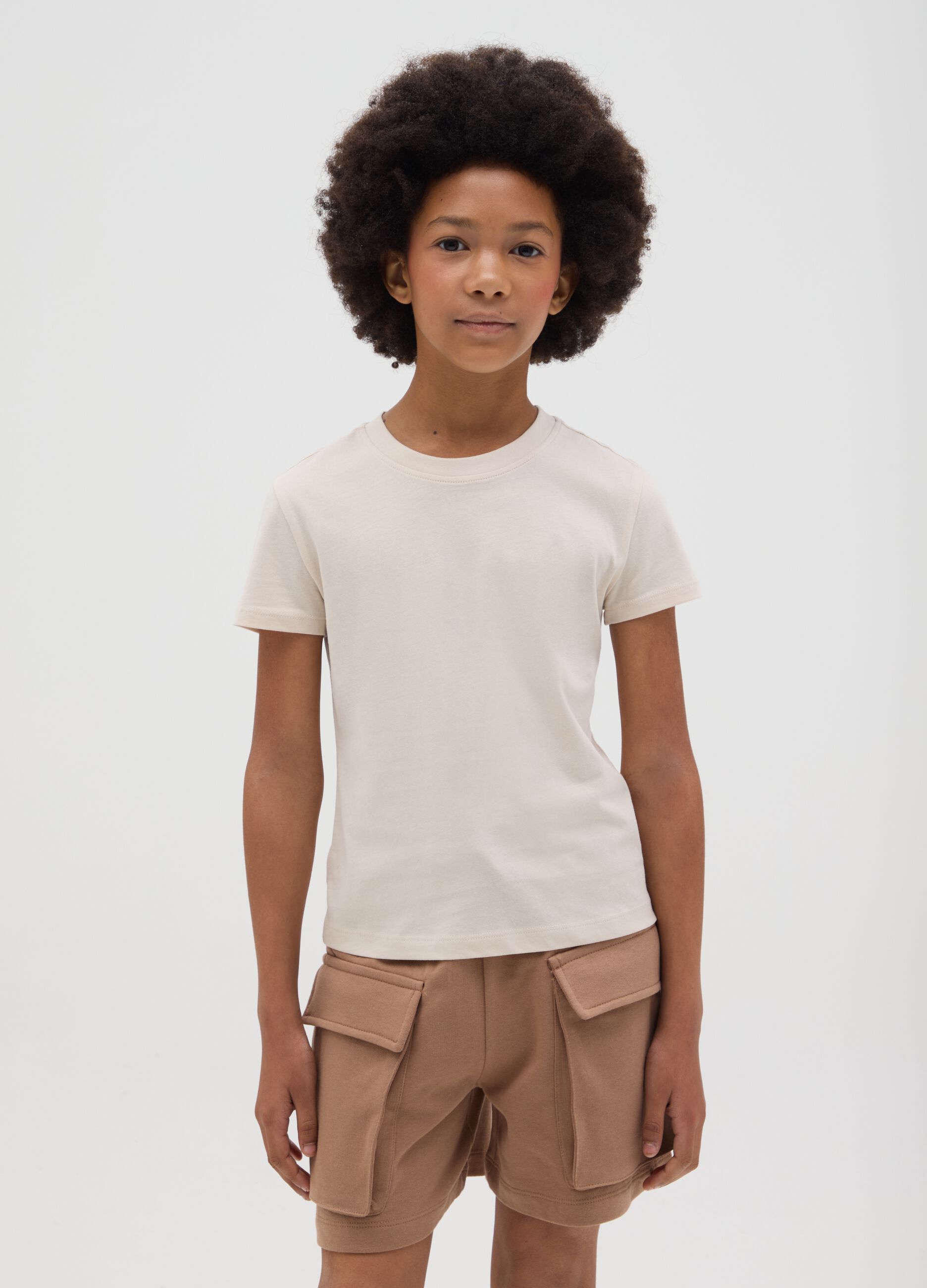 T-shirt da ragazza in puro cotone beige regular fit con scollo rotondo