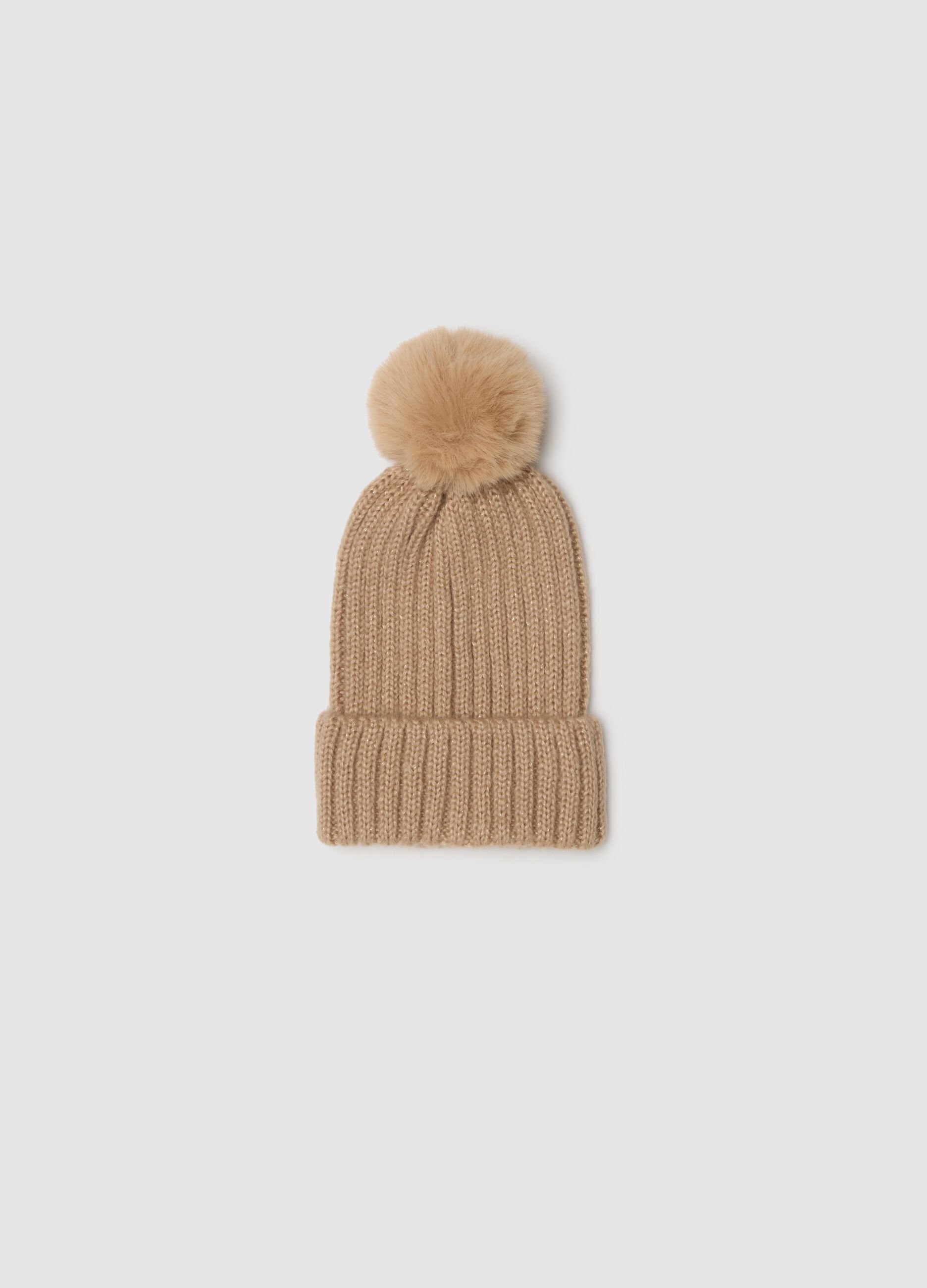 Beige Hat with Pom-Pom
