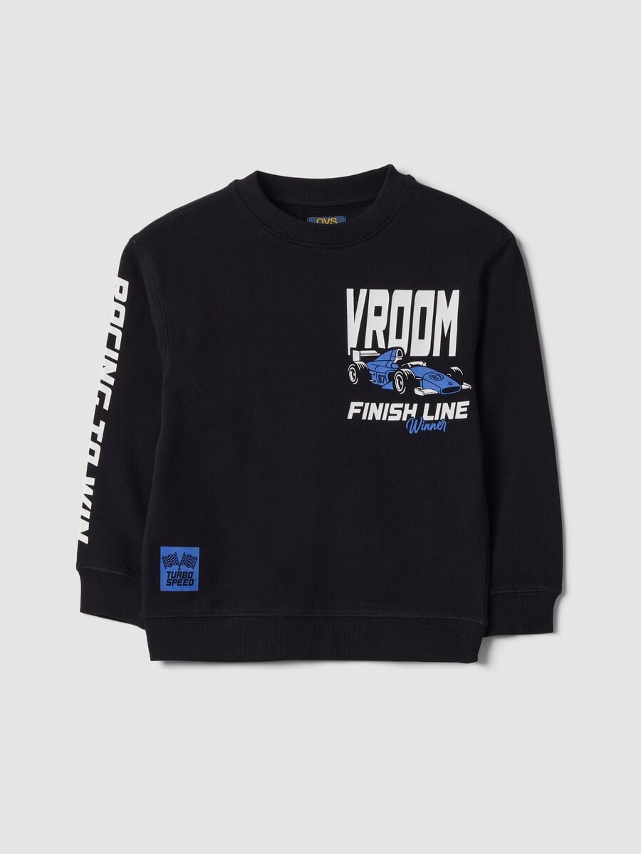 Black pure cotton crew-neck sweatshirt with racing print, oversized fit_0