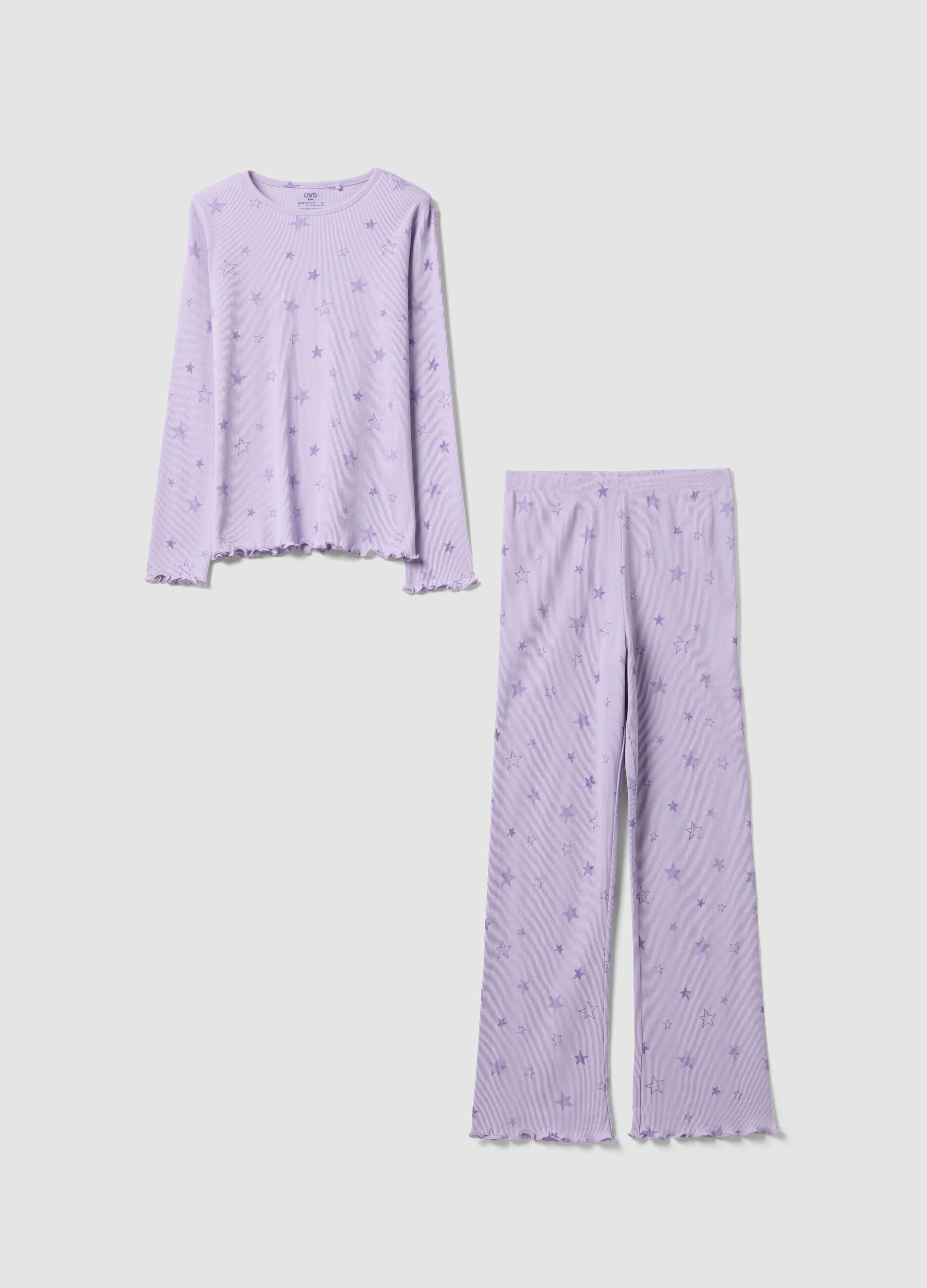 Pigiama viola in puro cotone organico a costine con stelline per bambina