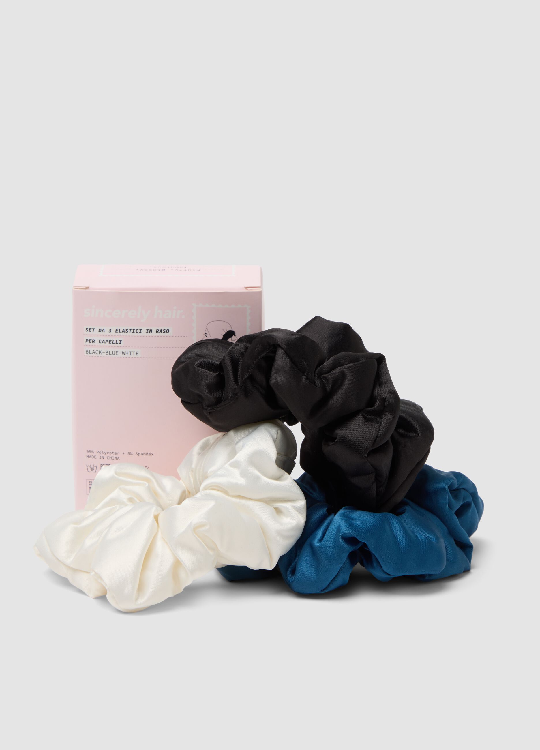 SINCERELY HAIR Satin scrunchies 3 pezzi Black-Blue-White