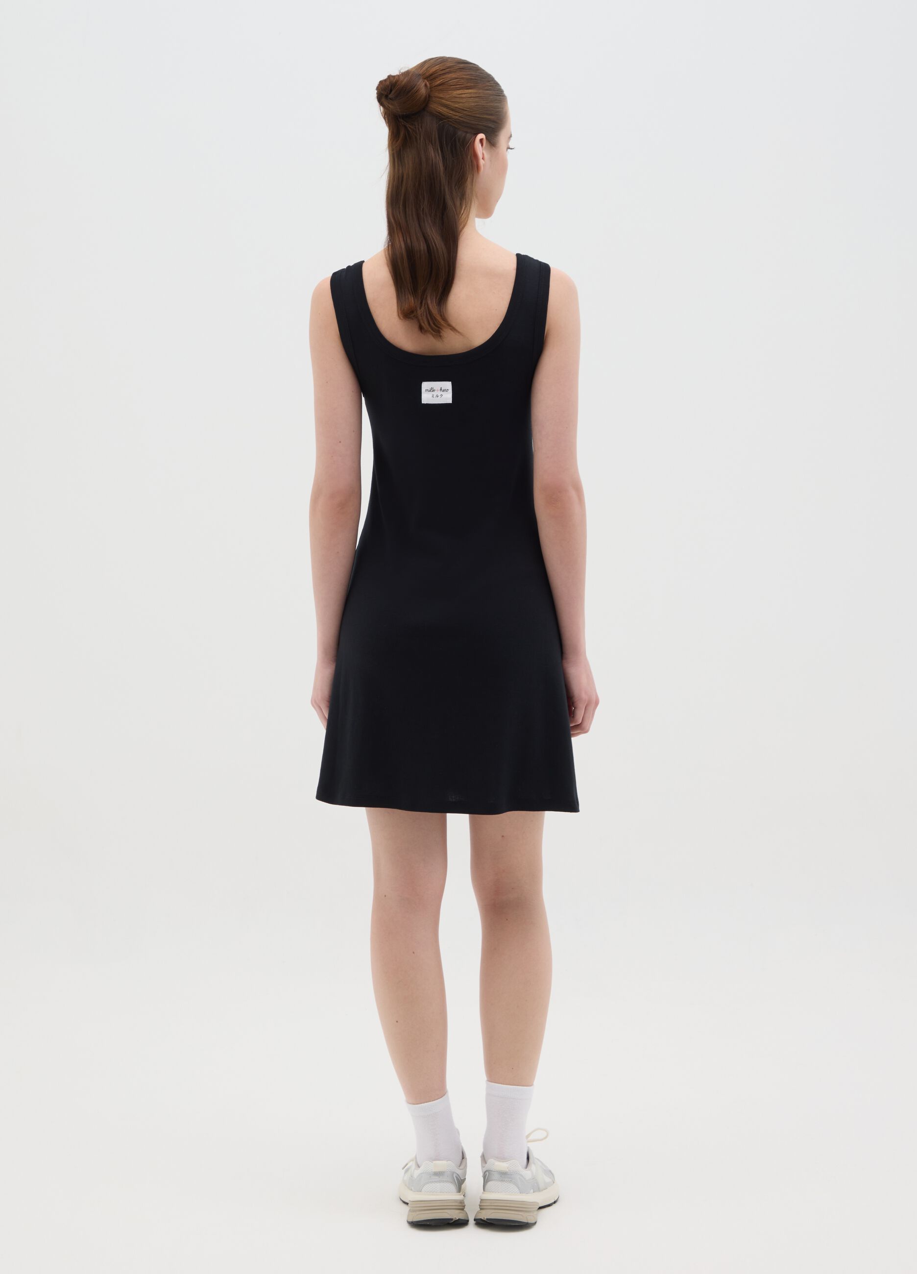Women's short dress in pure black cotton, regular fit