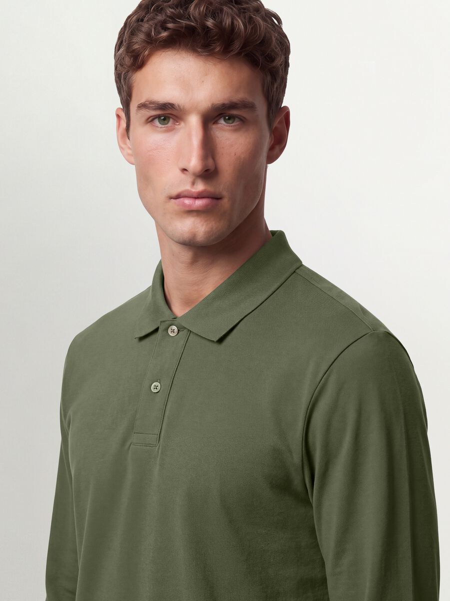 Polo verde in piquet di puro cotone organico a maniche lunghe regular fit_0
