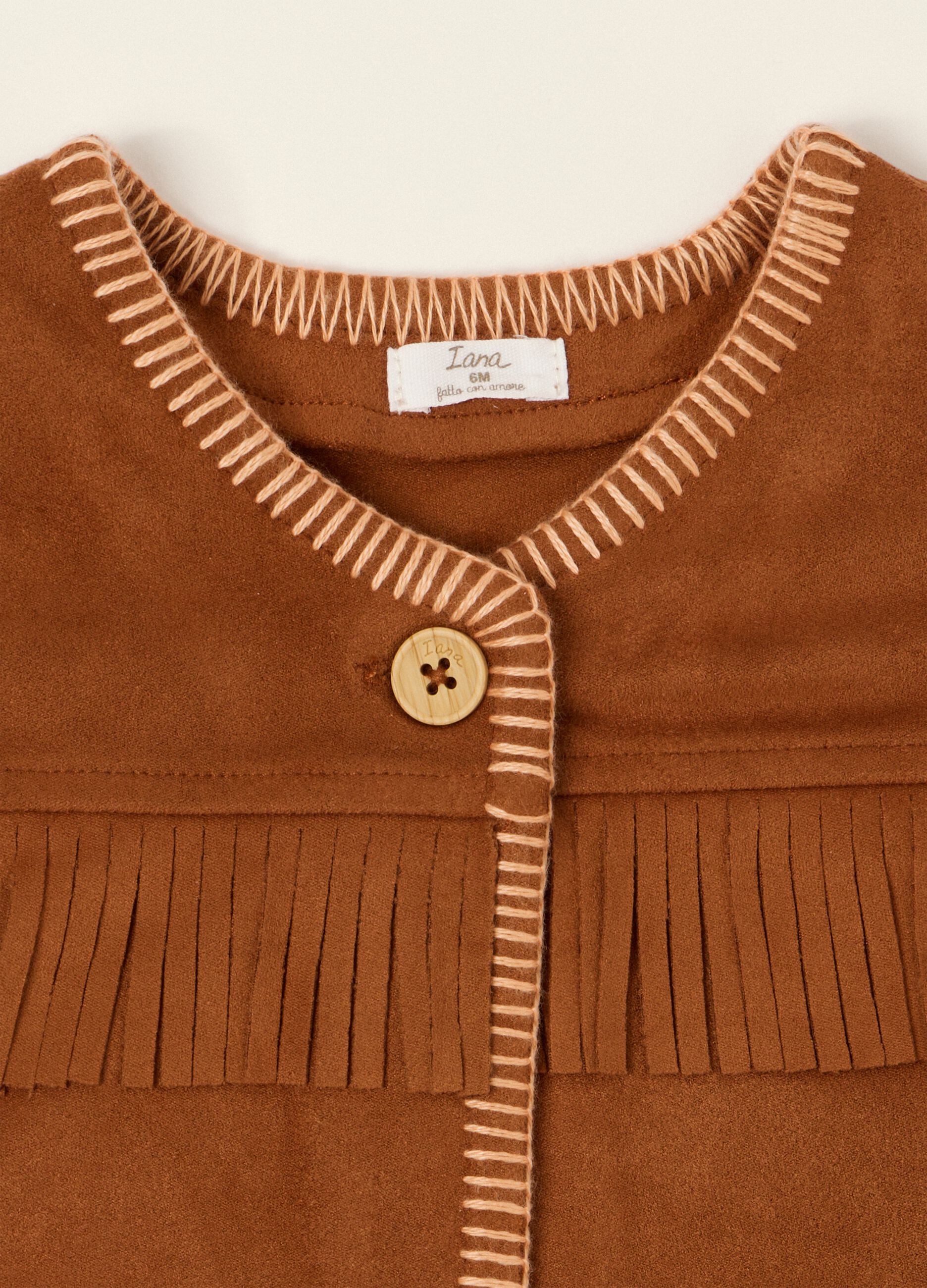 Brown baby girl gilet with fringe details in stretch fabric