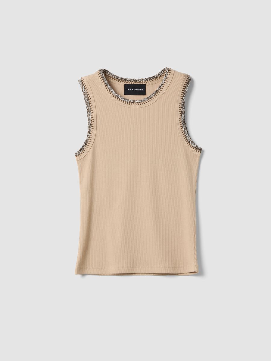 Beige regular fit stretch cotton tank top with embroidered edges_0