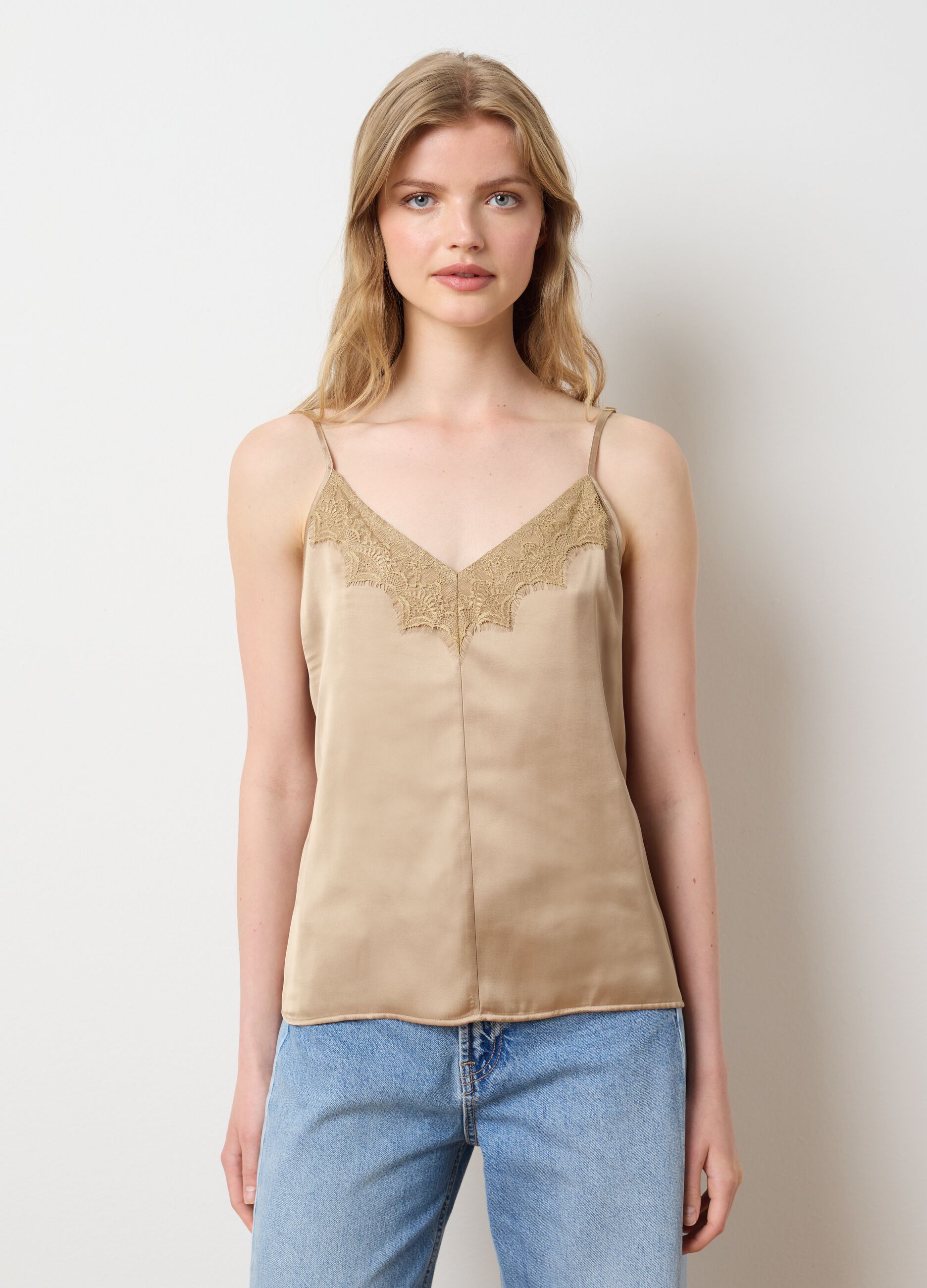 Slim fit beige mix women's top with lace