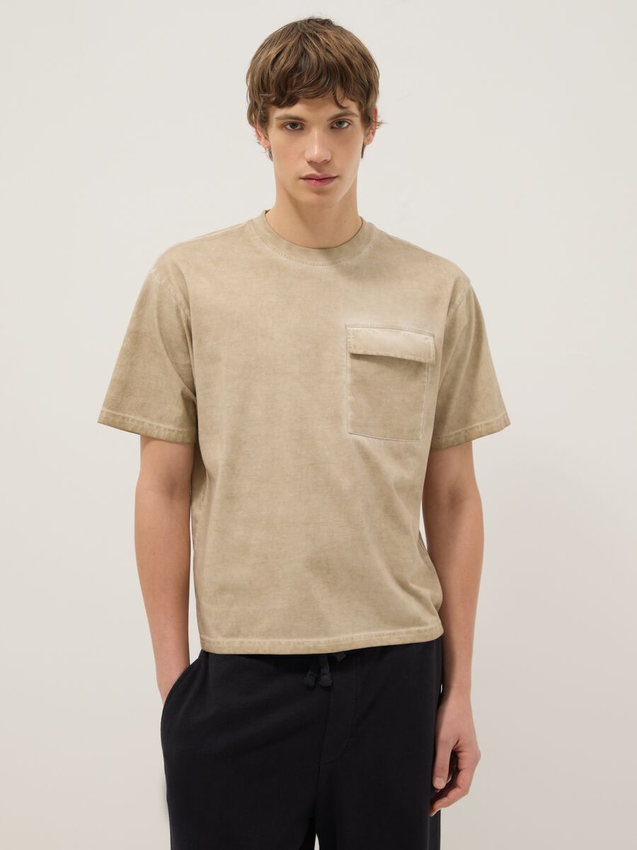 Beige pure cotton regular fit t-shirt with pocket_0