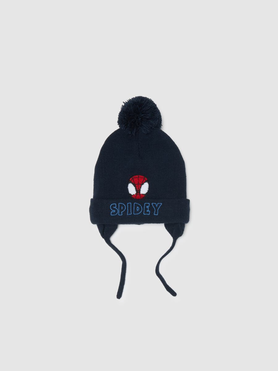 Cappello blu da bambino con pon pon e stampa Spidey_0