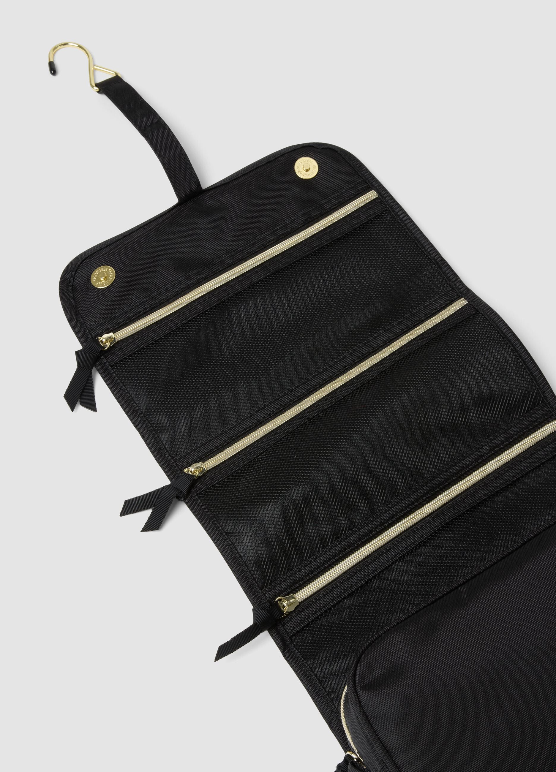 Black travel toiletry bag with hanging hook