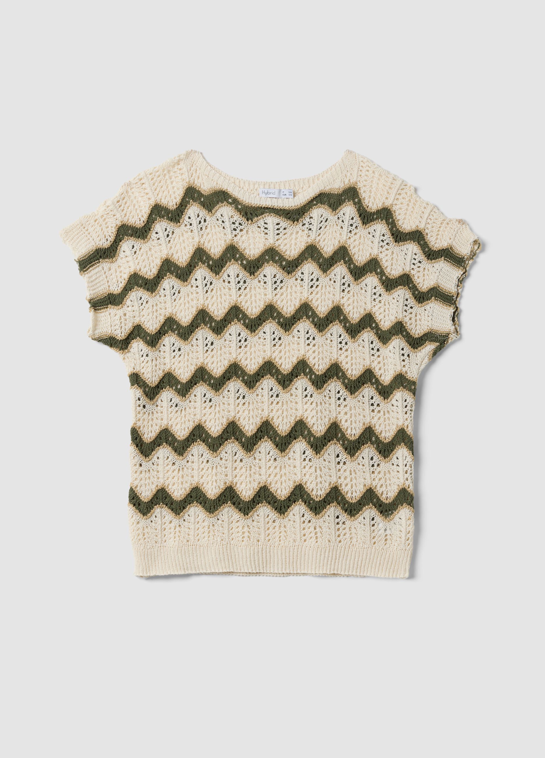 Beige open-knit striped top with green detailing in stretch cotton, regular fit