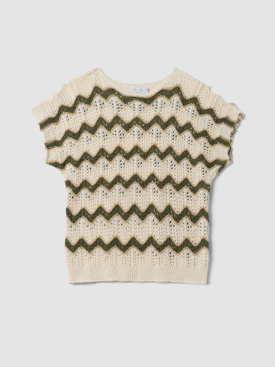Beige open-knit stretch cotton top_4