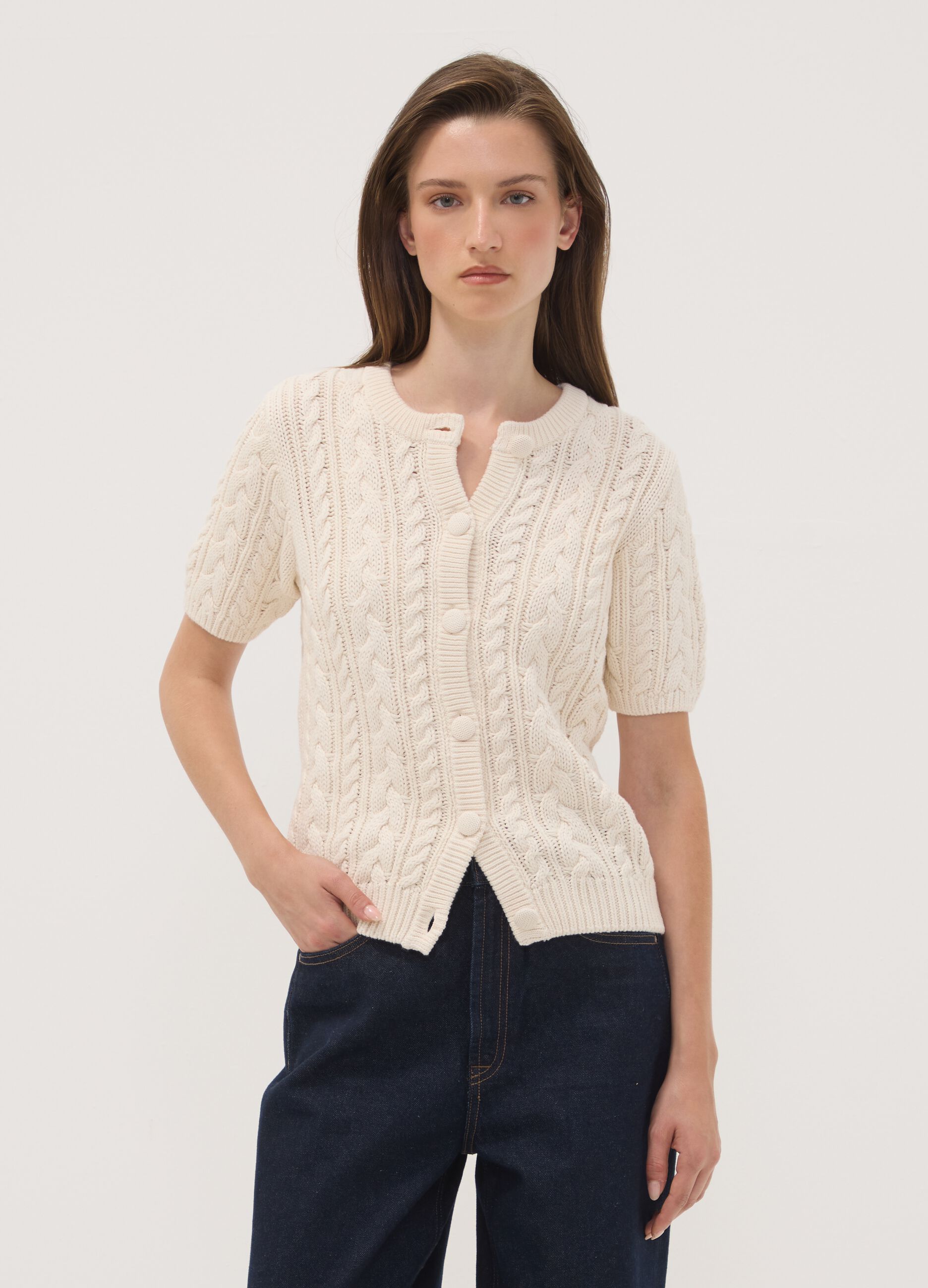Cardigan beige in puro cotone a trecce regular fit