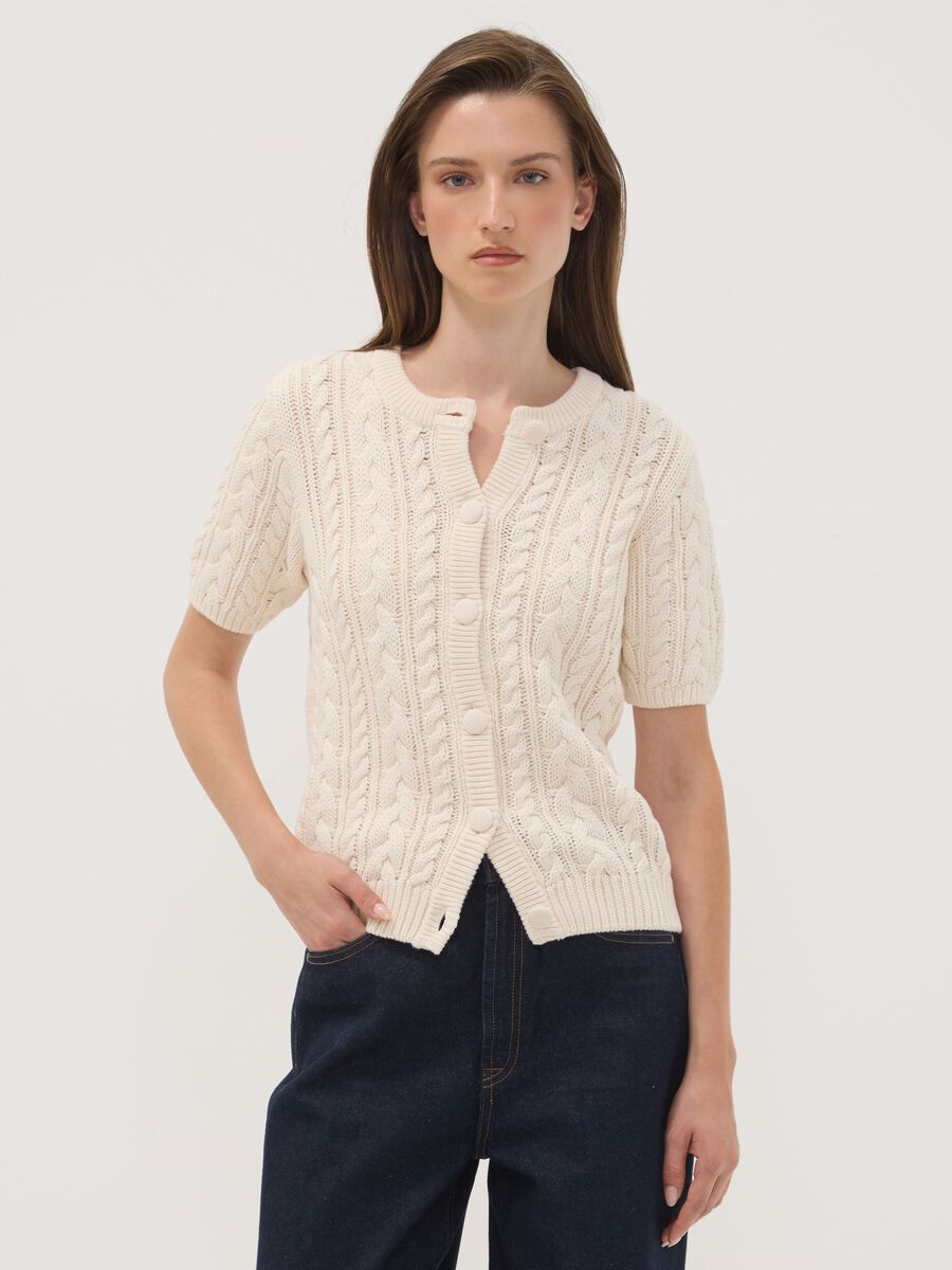 Cardigan beige in puro cotone a trecce regular fit_1