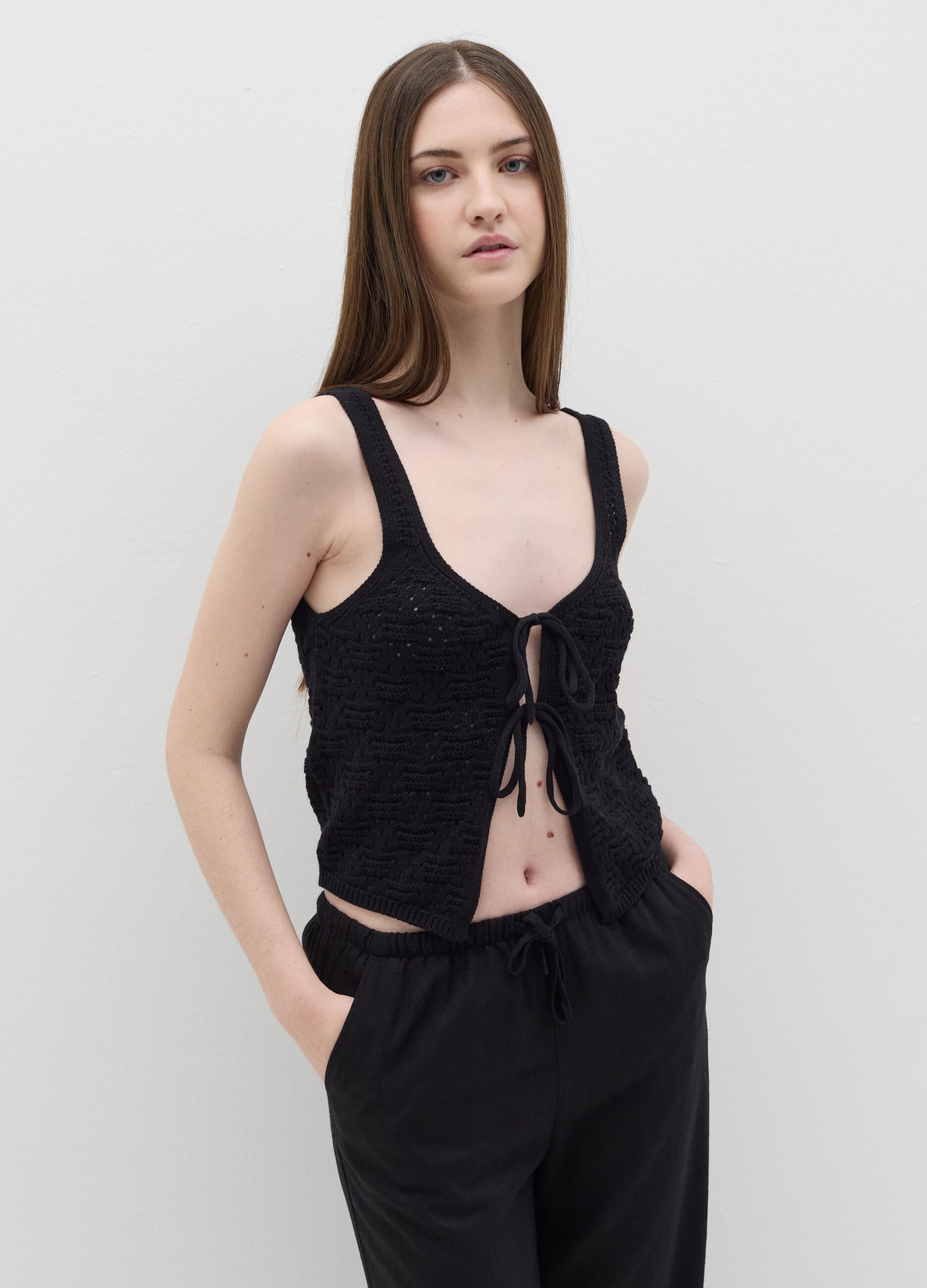 Black crochet crop top with laces