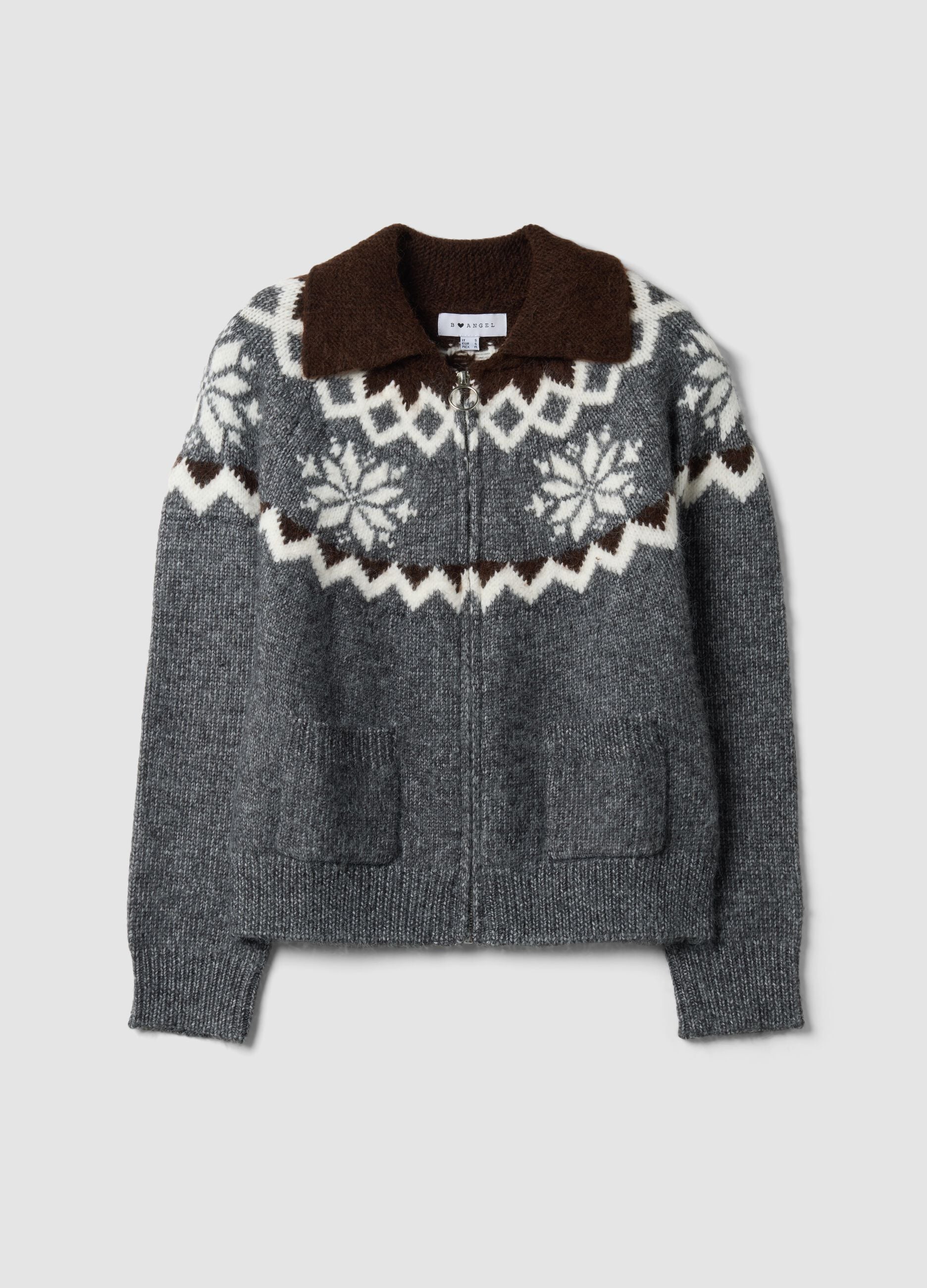Grey jacquard cardigan with collar and zip, regular fit
