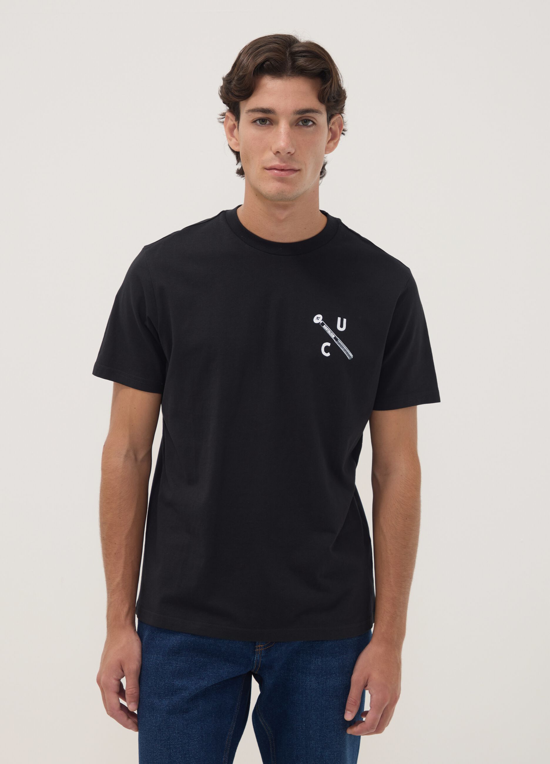Black pure cotton crew-neck printed T-shirt