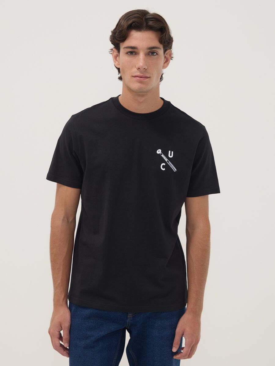 Black pure cotton crew-neck printed T-shirt_0