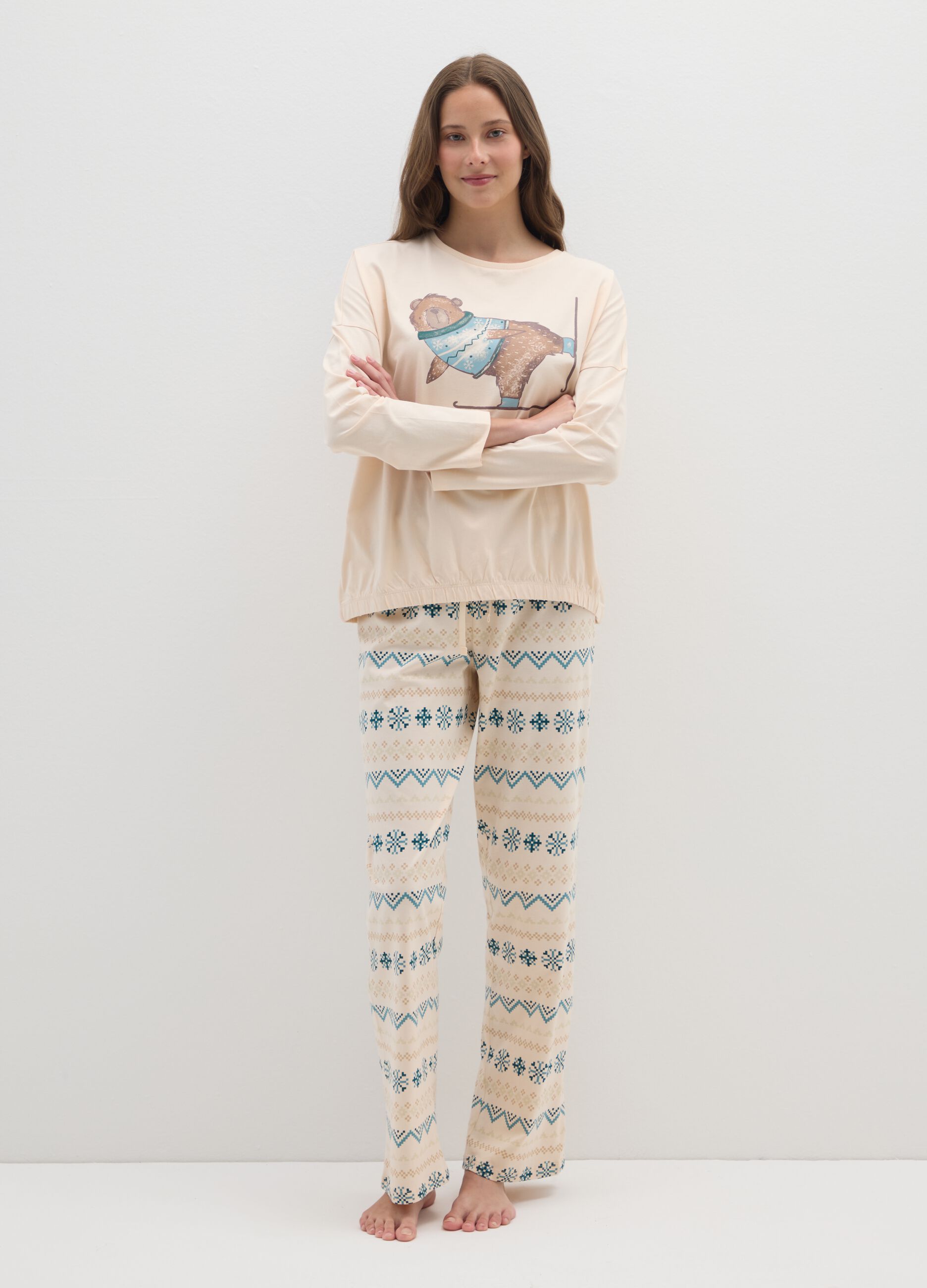 Beige pure cotton pyjamas with regular fit and prints