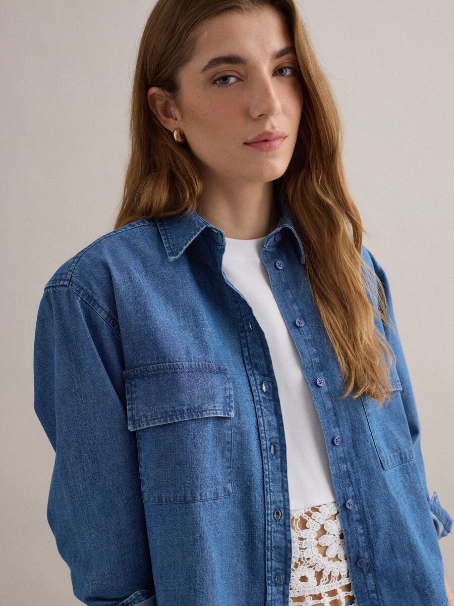 Camicia in puro cotone denim blu regular fit_0