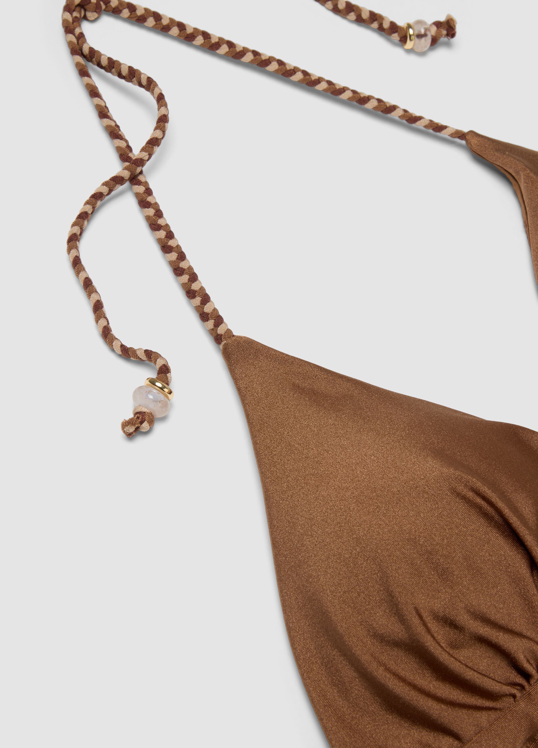 Brown stretch-fabric one-piece swimsuit with braided tie straps