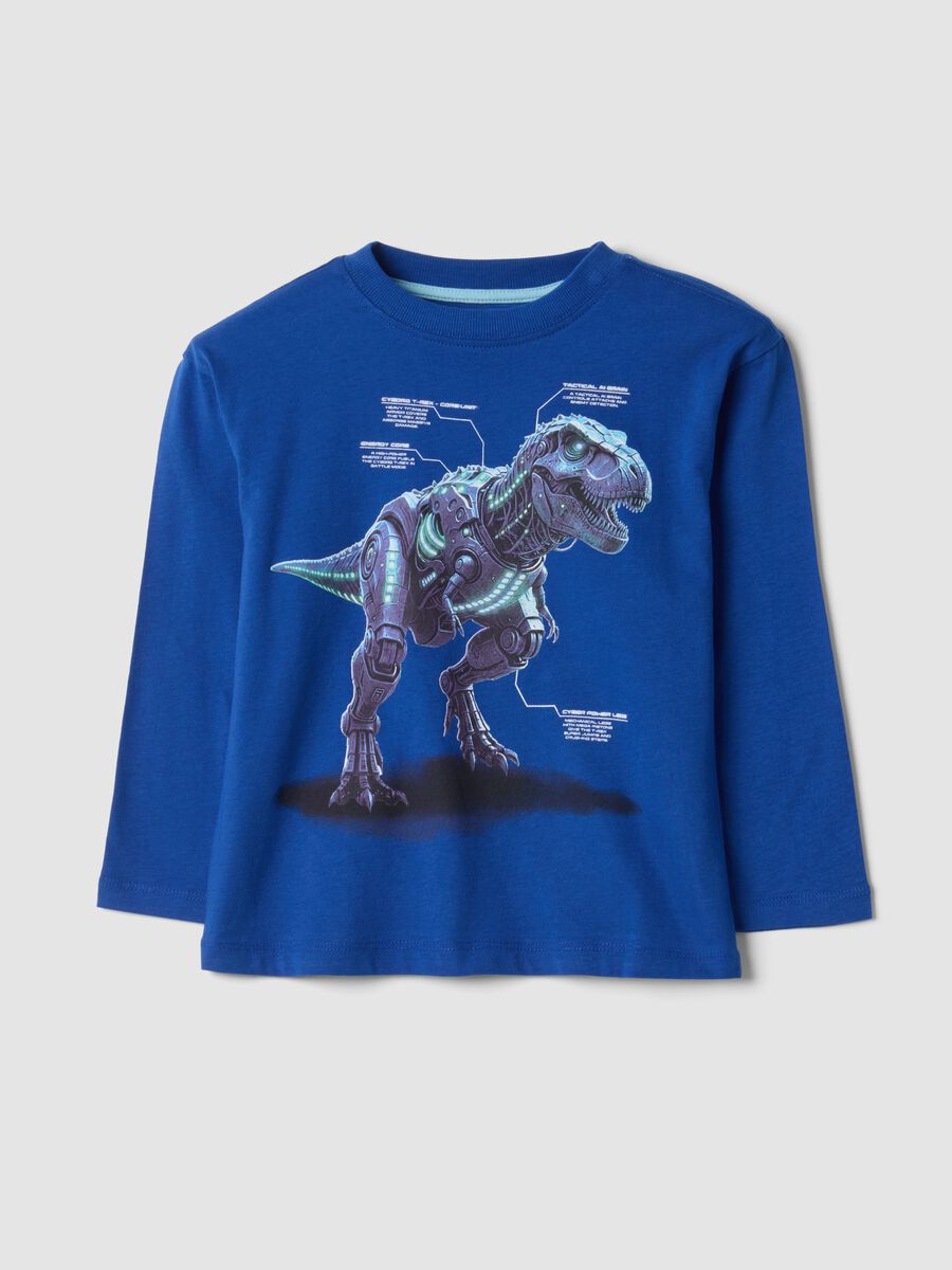 T-shirt blu girocollo in puro cotone organico con stampa dinosauro_0