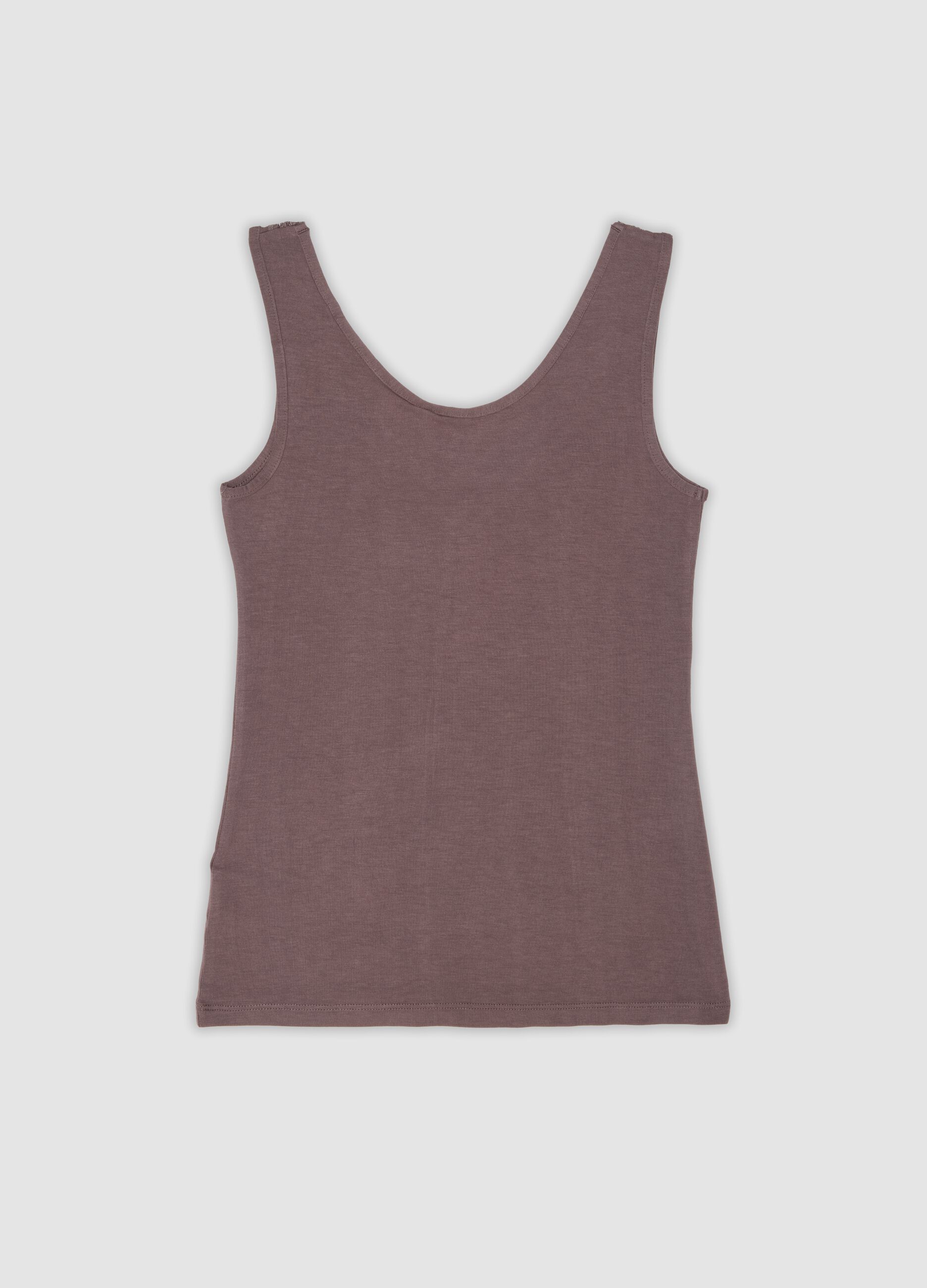 Brown stretch viscose camisole with deep V-neck and lace trim