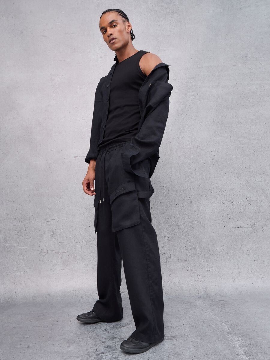 100% Linen Black Cargo Trousers_0