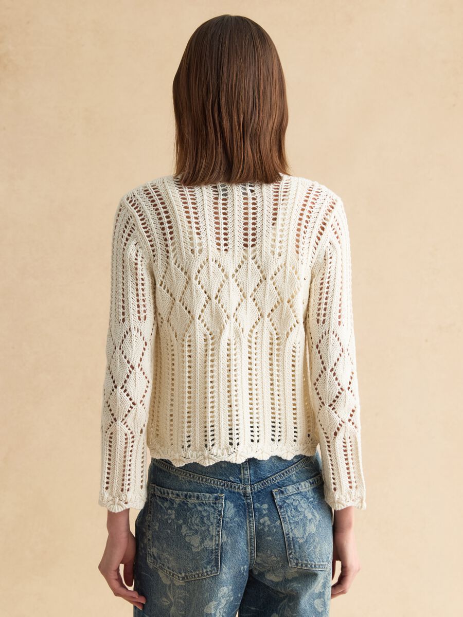 Cardigan traforato in puro cotone bianco regular fit deep V _2